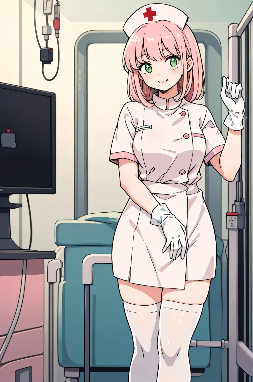 1 female, alone, nurse, nurse cap, Whiteware, ((white legwear, zettai ryouiki)), white gloves, pink hair, green eyes, droopy eyes, pink lips, smile, Are standing, ((hospital room)), sharp outline, short sleeve, mature woman, 32 years old, highest quality, masterpiece