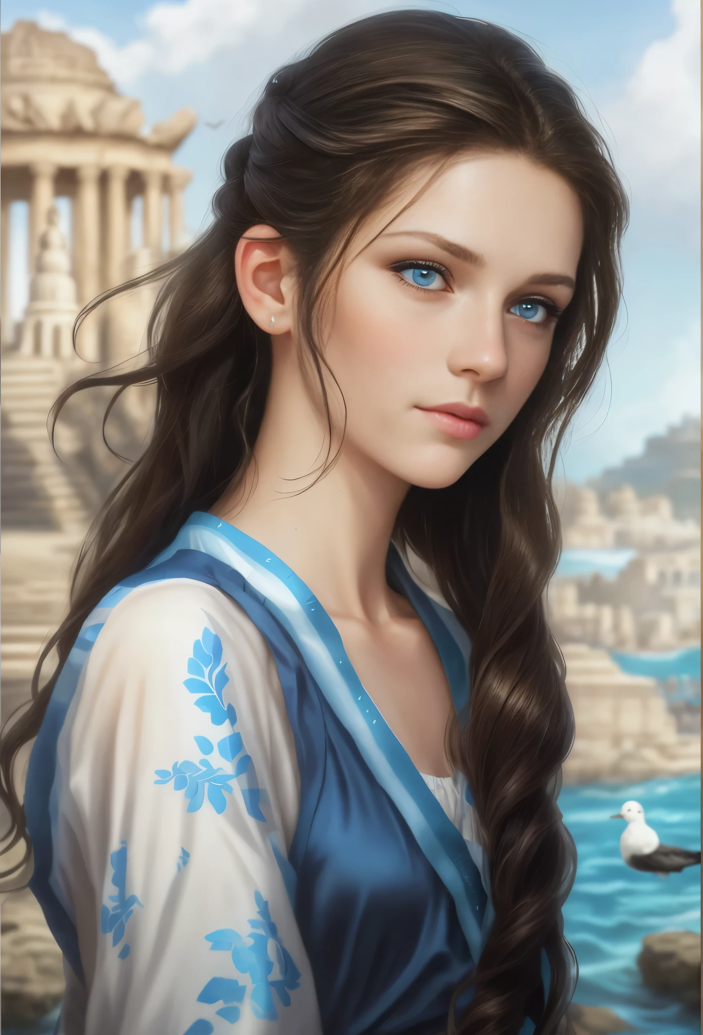 High resolution, brunette girl, , bright blue eyes, pattern of stones on her face along the forehead to the temples, Brunette, temples slightly shaved, long black hair pulled back in a ponytail, temples slightly shaved, dressed in a silk shirt and loose trousers, bright blue eyes, portrait, the sea in the background, seagulls, realism, fantasy