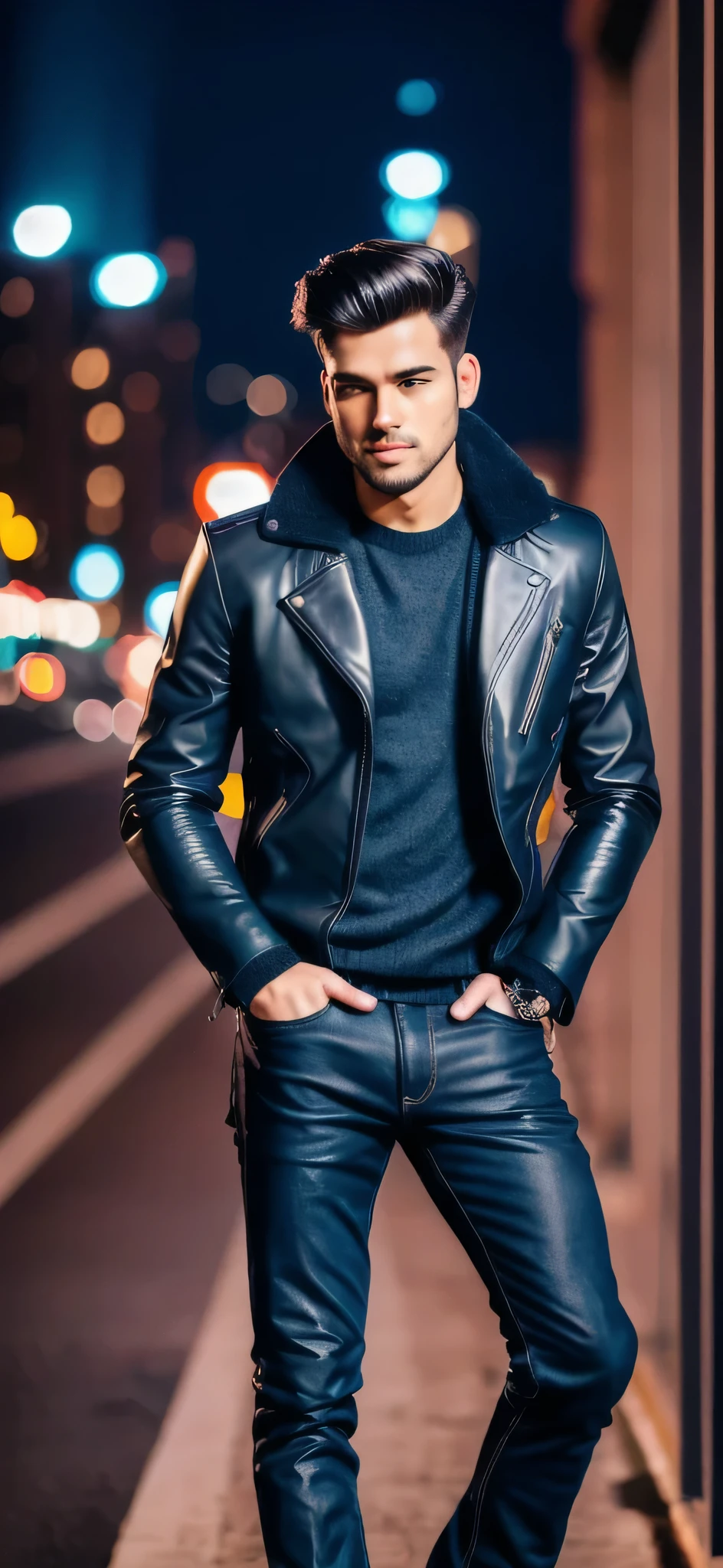 We’re shooting a portrait of a 25-year-old man. He’s wearing a stylish black leather jacket, with a city nightscape in the background. His expression is full of confidence, looking directly into the camera. The style is modern and sophisticated, with a cinematic feel. The lighting is dramatic, highlighting the texture of his face and jacket. The colors are a combination of monochrome and deep blue, emphasizing the city nightscape and his strong gaze. The shot is taken with a Canon EOS 5D Mark IV DSLR camera, EF 50mm f/1.8 STM lens. The resolution is 30.4 megapixels, ISO sensitivity is 100, and the shutter speed is 1/125 second. --ar 16:9 --v 5.1 --style raw --q 2 --s 750
