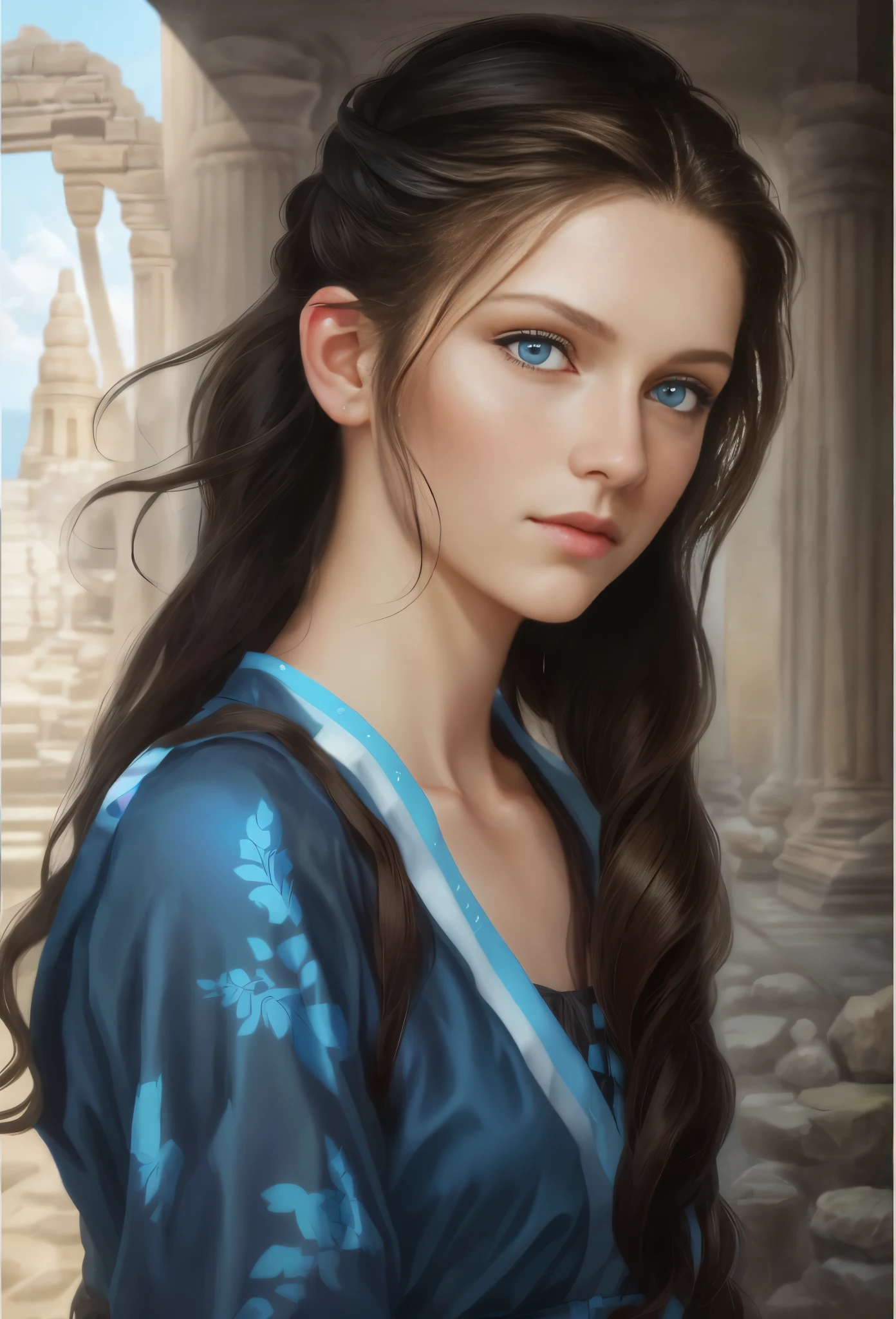 High resolution, brunette girl, 15 years old, bright blue eyes, a pattern of stones on her face from forehead to temples, brunette, temples slightly shaved, long black hair pulled back in a ponytail, temples slightly shaved, dressed in a silk shirt and loose trousers, bright blue eyes, portrait, sea In the background, realism, fantasy