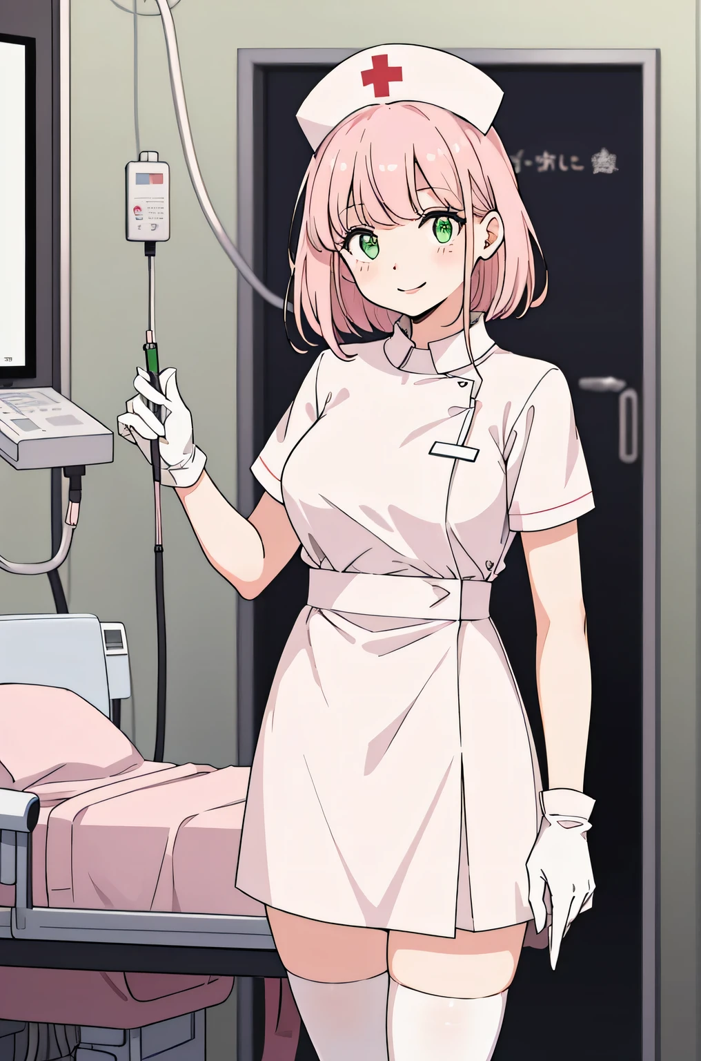 1 female, alone, nurse, nurse cap, Whiteware, ((white legwear, zettai ryouiki)), white gloves, pink hair, green eyes, droopy eyes, pink lips, smile, Are standing, ((hospital room)), sharp outline, short sleeve, mature woman, 32 years old, highest quality, masterpiece