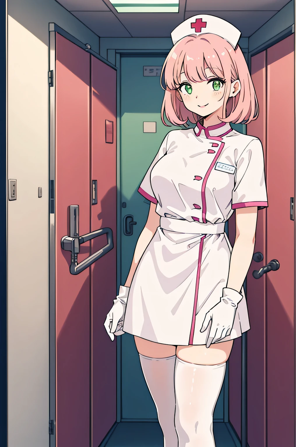 1 female, alone, nurse, nurse cap, Whiteware, ((white legwear, zettai ryouiki)), white gloves, pink hair, green eyes, droopy eyes, pink lips, smile, Are standing, ((hospital room)), sharp outline, short sleeve, mature woman, 32 years old, highest quality, masterpiece