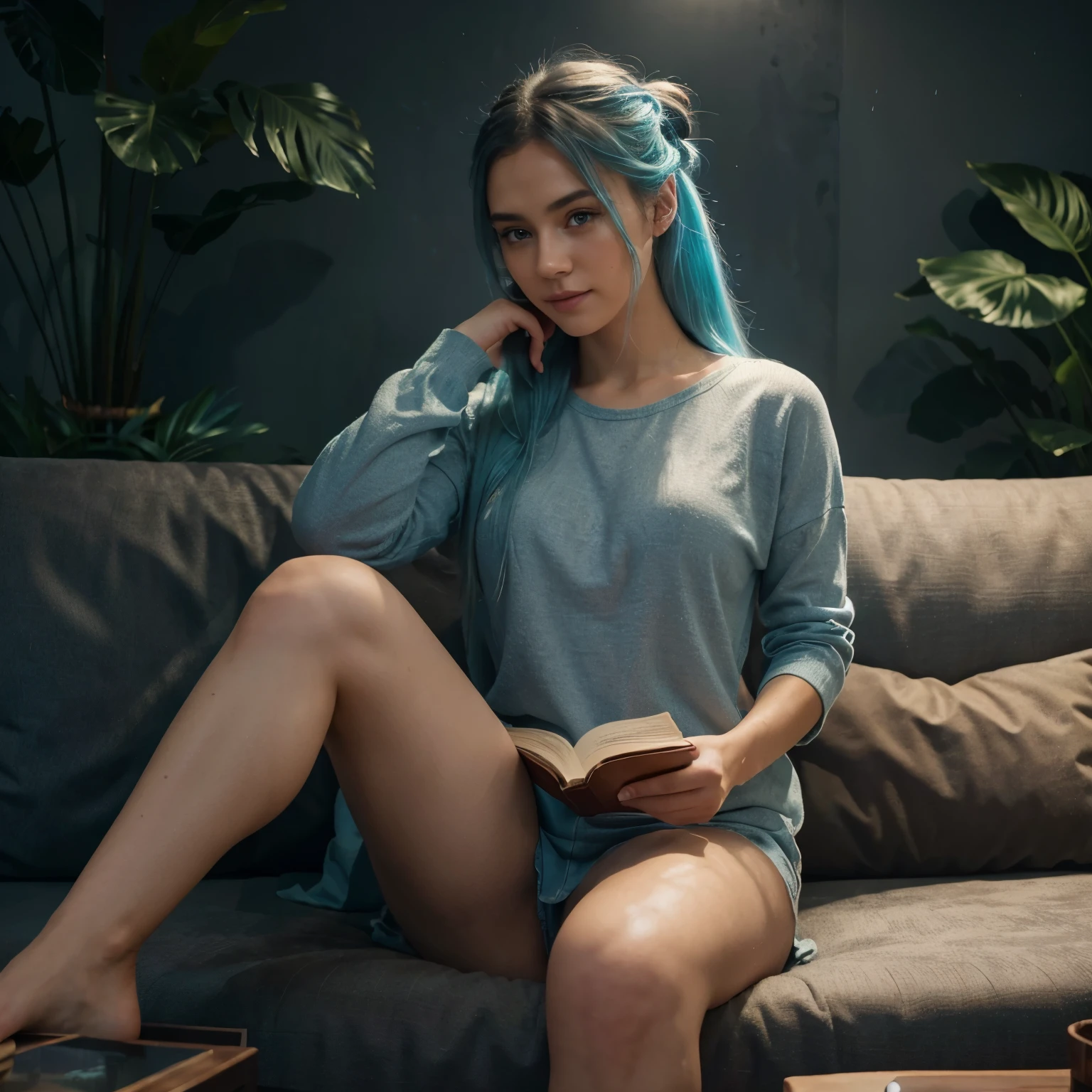 Full body view, 23 year old beautiful woman, cute smile, light blue hair, long straight hair, messy bun, looking down, reading book, sitting on comfy couch, cozy living room, rain outside, dark navy colour walls,  surrounded by plants, hyper realistic, highest quality, ultra realistic, extremely detailed, hd, HDR, hyper detailed, professional photoshoot, cinematic, ultra detailed, beautiful body, visually rich, concept art, luminous, intricate details, subtle colors, extremely detailed, ultra sharp focus, light particles, attention to detail, grandeur and awe, stunning visual masterpiece, double exposure, 32k, photorealistic, strong outlines, cinematographic scene, highest quality