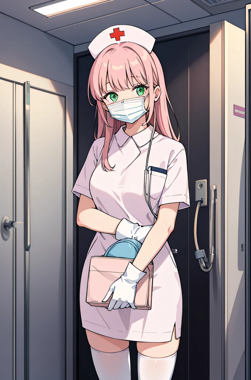 1 female, alone, nurse, nurse cap, Whiteware, ((white legwear, zettai ryouiki)), white gloves, pink hair, green eyes, droopy eyes, ((White surgical mask, Covered nose)), Are standing, ((hospital room)), sharp outline, short sleeve, mature woman, 32 years old, highest quality, masterpiece