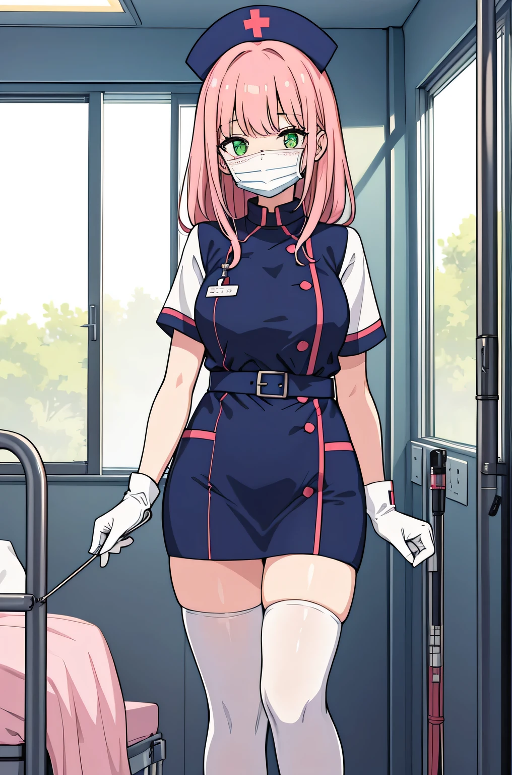 1 female, alone, nurse, nurse cap, Whiteware, ((white legwear, zettai ryouiki)), white gloves, pink hair, green eyes, droopy eyes, ((White surgical mask, Covered nose)), Are standing, ((hospital room)), sharp outline, short sleeve, mature woman, 32 years old, highest quality, masterpiece