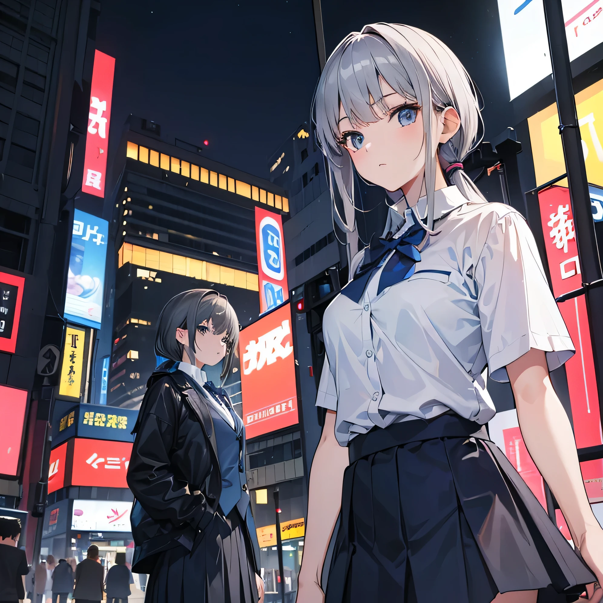 (8K, RAW photo, masterpiece:1.3), (realistic, photo-realistic:1.37), (night), (looking at the viewer:1.331), (gray hair), take a pose, tokyo street, nightcityscape, cyberpunk city, soft light, 1 girl, very beautiful face, bust, put down hands, Random hairstyle, random expression, Big eyes, lower abdomen, (short sleeve .JK_shirt), JK_style, (Dark blue JK_skirt), (Bow JK_tie), mix 4., highest quality