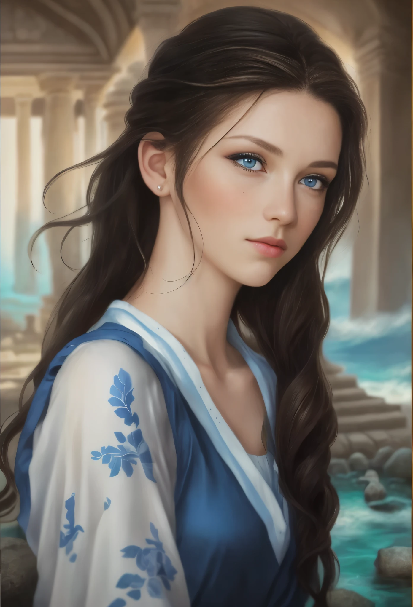 High resolution, brunette girl, 15 years old, bright blue eyes, a pattern of stones on her face from forehead to temples, brunette, temples slightly shaved, long black hair pulled back in a ponytail, temples slightly shaved, dressed in a silk shirt and loose trousers, bright blue eyes, portrait, sea In the background, realism, fantasy