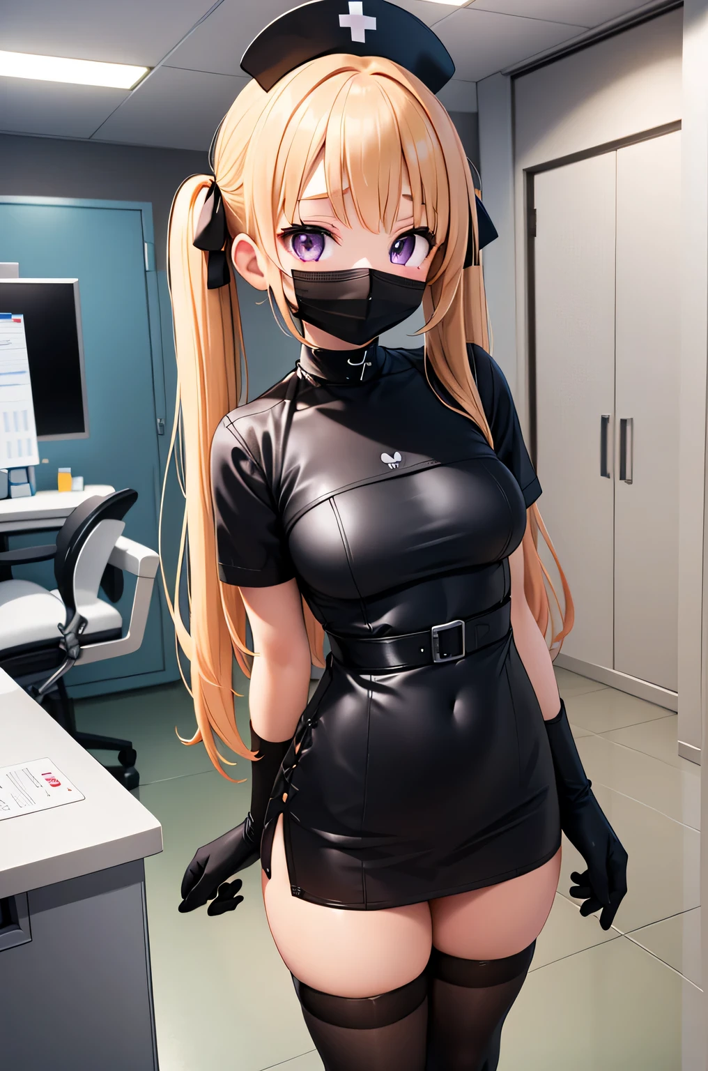 black nurse, 1 girl, alone, black nurse cap, Black Wear, ((black legwear, zettai ryouiki)), black elbow gloves, twin tails, yellow hair, purple eyes, ((Black surgical mask, Covered nose)), Are standing, ((operating room)), sharp outline, short sleeve, highest quality, masterpiece