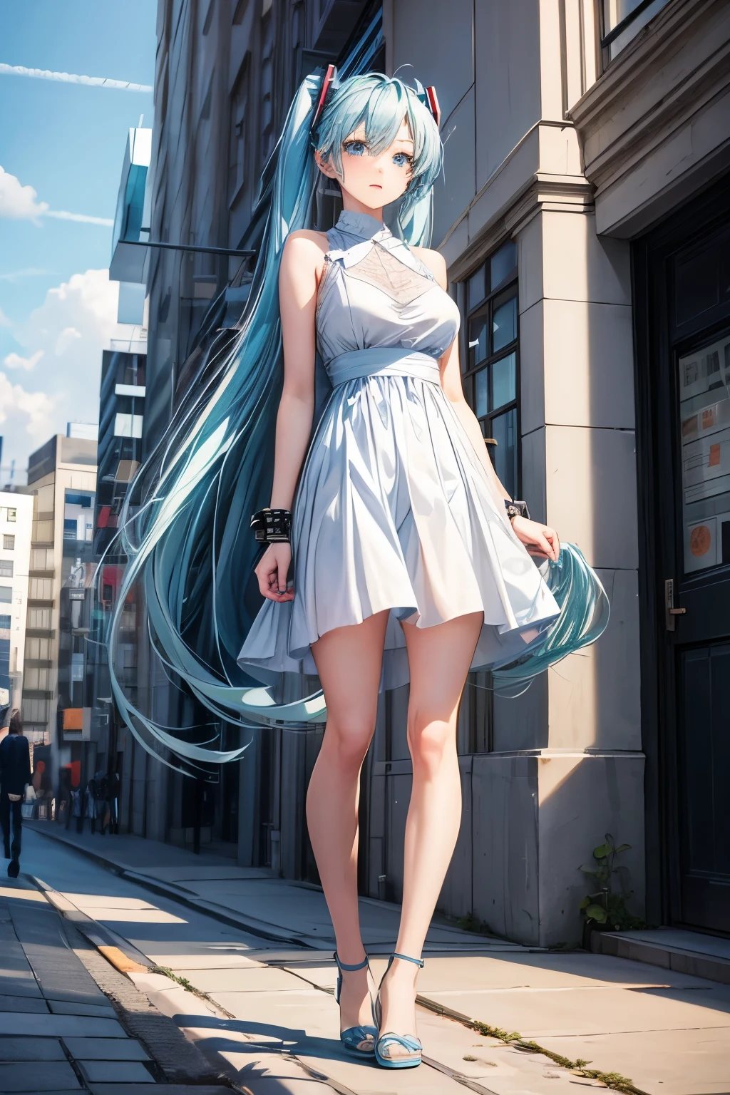 a girl, light blue hair, Hatsune Miku style hair, blue eyes, 20 years old, long navy blue dress, in berlin, modern city, accessories, sculptural body, best quality, masterpiece. 