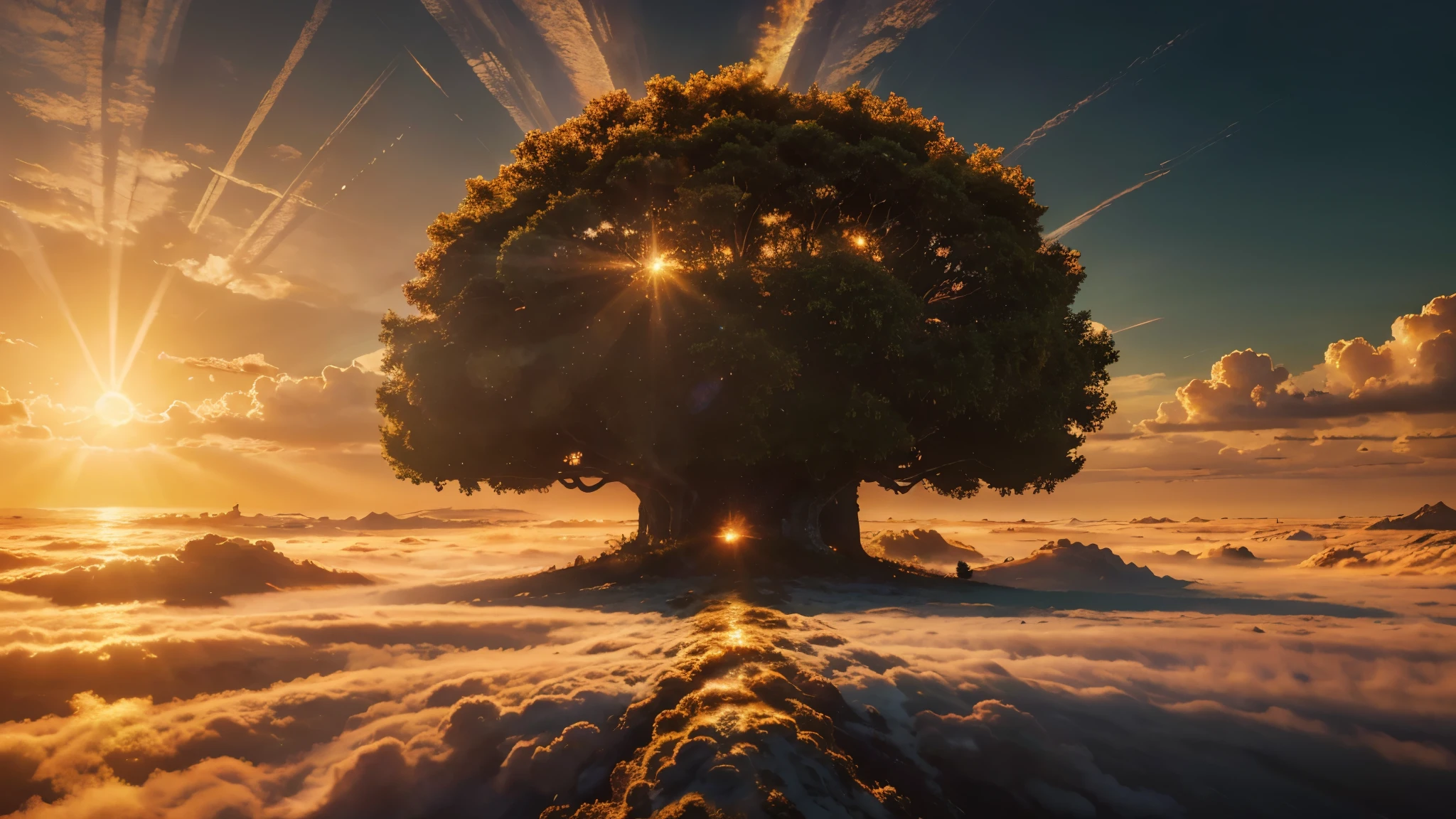 (masterpiece),(best quality:1.0), (ultra highres:1.0), detailed illustration, 8k, Large ultra bright sun, huge sun, the sun is particularly large, especially clear, red & golden burning like fire, hanging in the sky, radiant, clouds, real, beautiful, spectacular. The magnificent panorama is rendered in 3D, beautiful sea of clouds