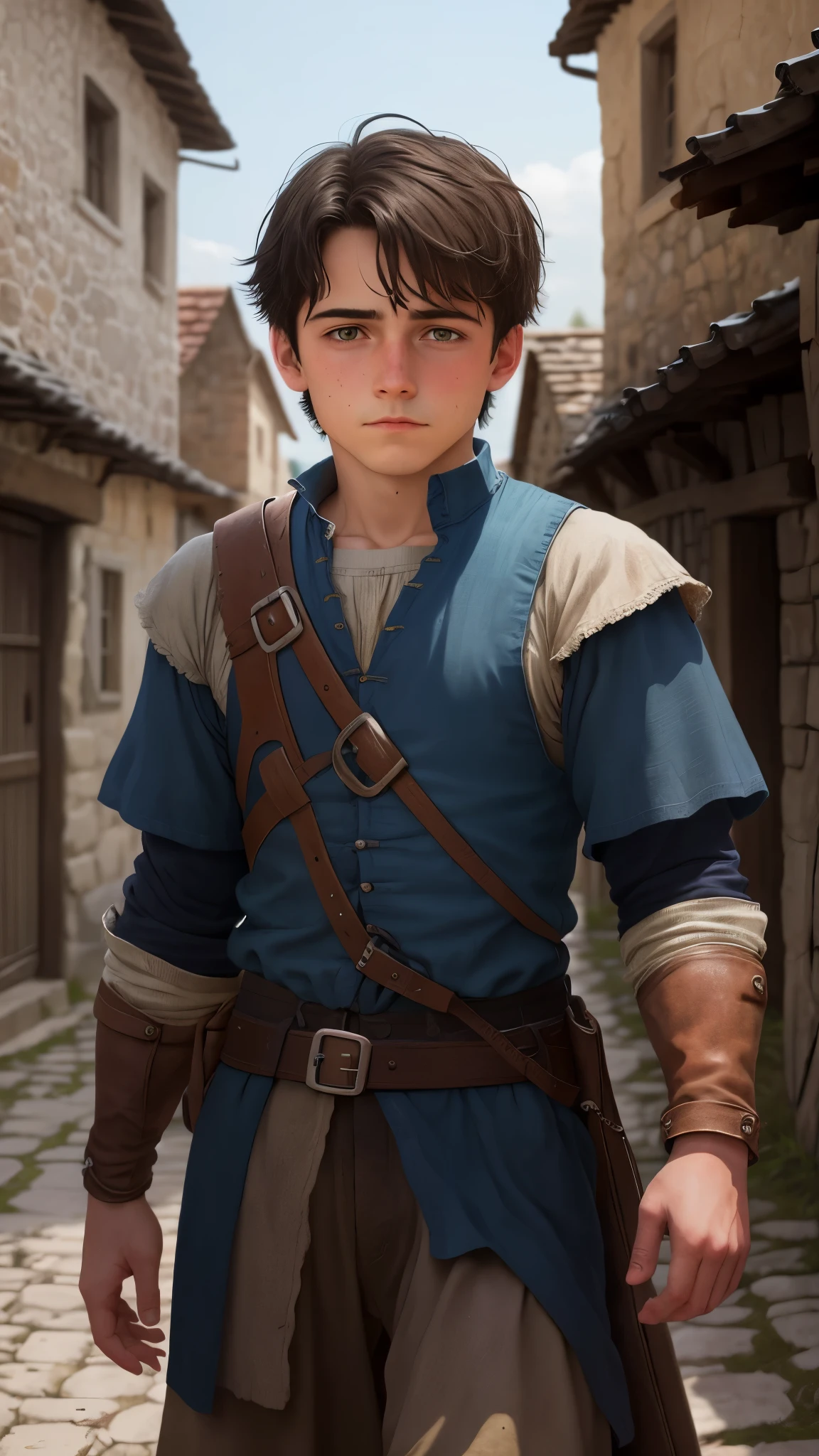 Create an image of a 13-year-old boy from the medieval era, depicted from the waist up against a dark blue background. The boy should have a determined and resilient expression, reflecting the challenges he faces in his medieval village. He should be depicted as having a darker complexion, with features that convey strength and resilience despite the hardships he endures. He could be wearing simple, worn-out medieval clothing, perhaps with patches or signs of wear, symbolizing his resourcefulness and adaptability in the face of adversity. The background should suggest the rustic and rugged environment of a medieval village, with wooden buildings, cobblestone streets, and perhaps a hint of castle walls in the distance, emphasizing the sense of community and perseverance amid the harsh realities of the time.
