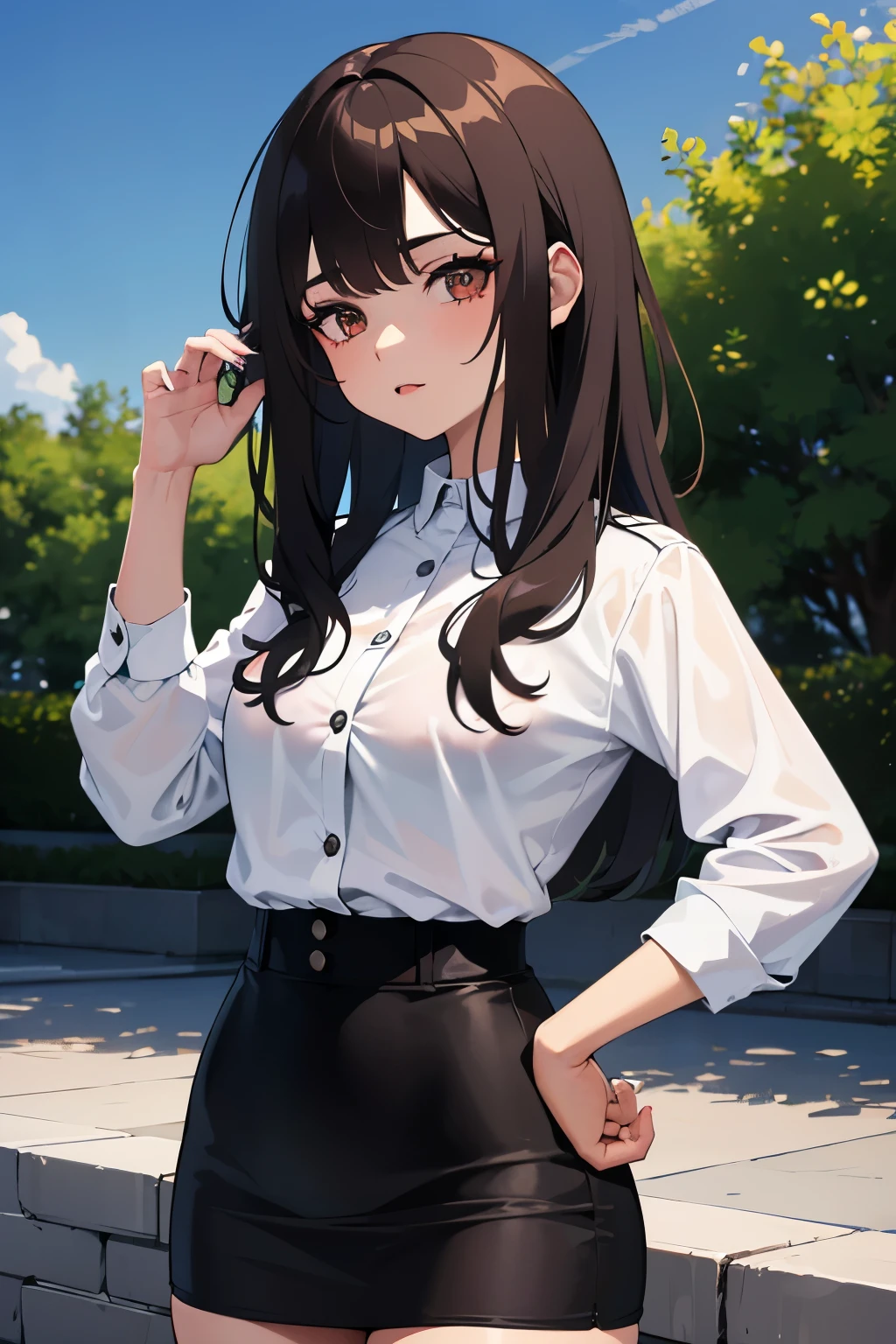 mujer de 1.72 metros, dark brown hair, pelo corto estilo de melena desordenada, cara perfecta redonda con color de ojos verdes, pechos medianos, muslos anchos, He wears a skin-tight white button-down shirt., a red mid-thigh skirt with a checkered design, medias negras, maquillaje de sombra en los ojos color negro, labios pintados de color rojo oscuro.