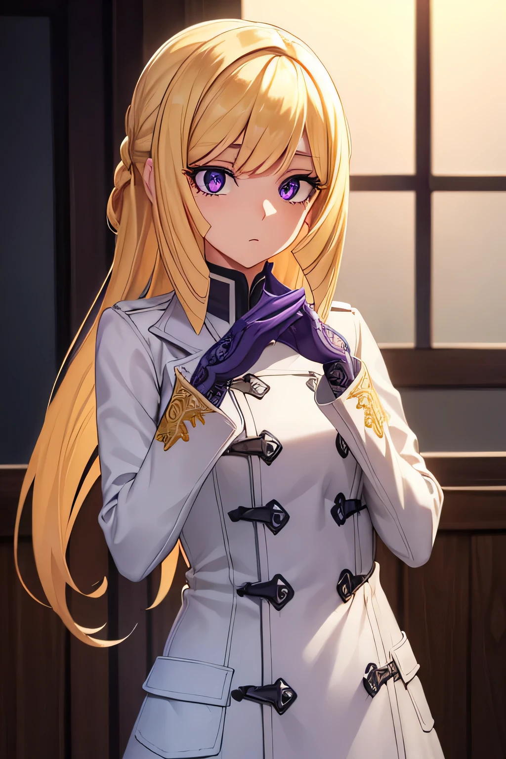 Kudeliaainabernstein, Kudelia Aina Bernstein, (purple eyes:1.1), long hair, blonde hair, smooth, blunt smooth, 
Take a break gloves, set, red set, white gloves, overcoat, red overcoat, ,
Take a break looking at viewer,
Take a break indoors,
Take a break (Masterpiece:1.2), best quality, high resolution, unity wallpaper 8k, (illustration:0.8), (Beautifully detailed eyes:1.6), Very detailed face, perfect light, Very detailed CG, (perfect hand, perfect anatomy), setสีแดง