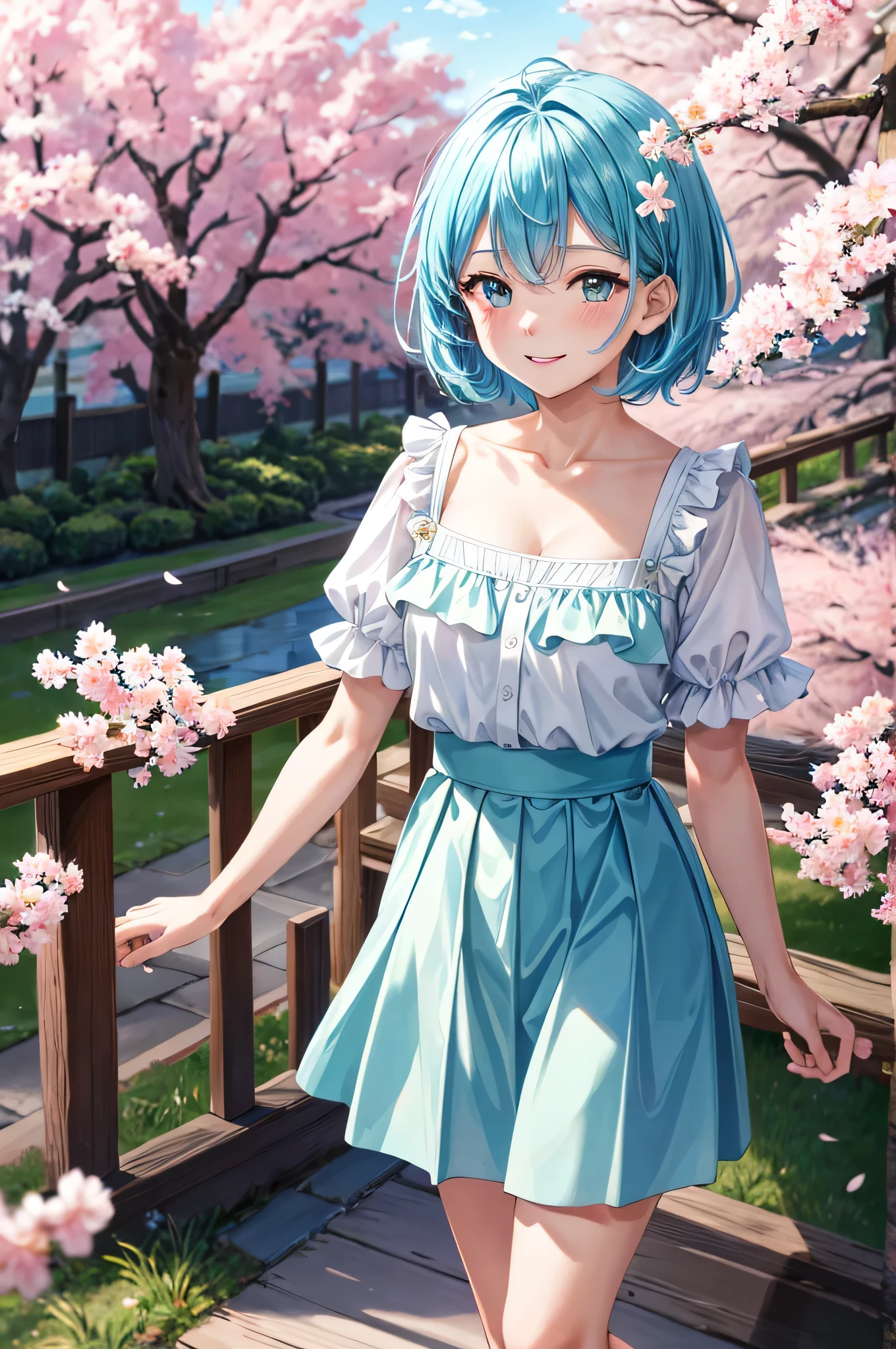 master piece, Best Quality, High resolution, Ultra-detailed ,8K-resolution , high quality , 1-girl , cyan hair , short hair , standing , smile , white shirt , cyan skirt ,detailed background , garden with cherry blossom tree , soft light