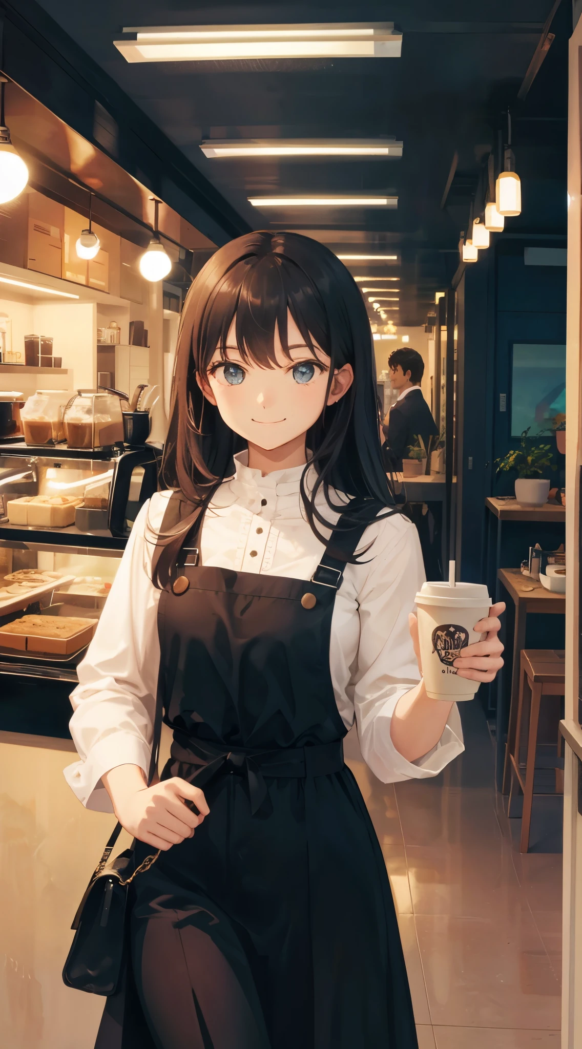 Holding a coffee cup,smile