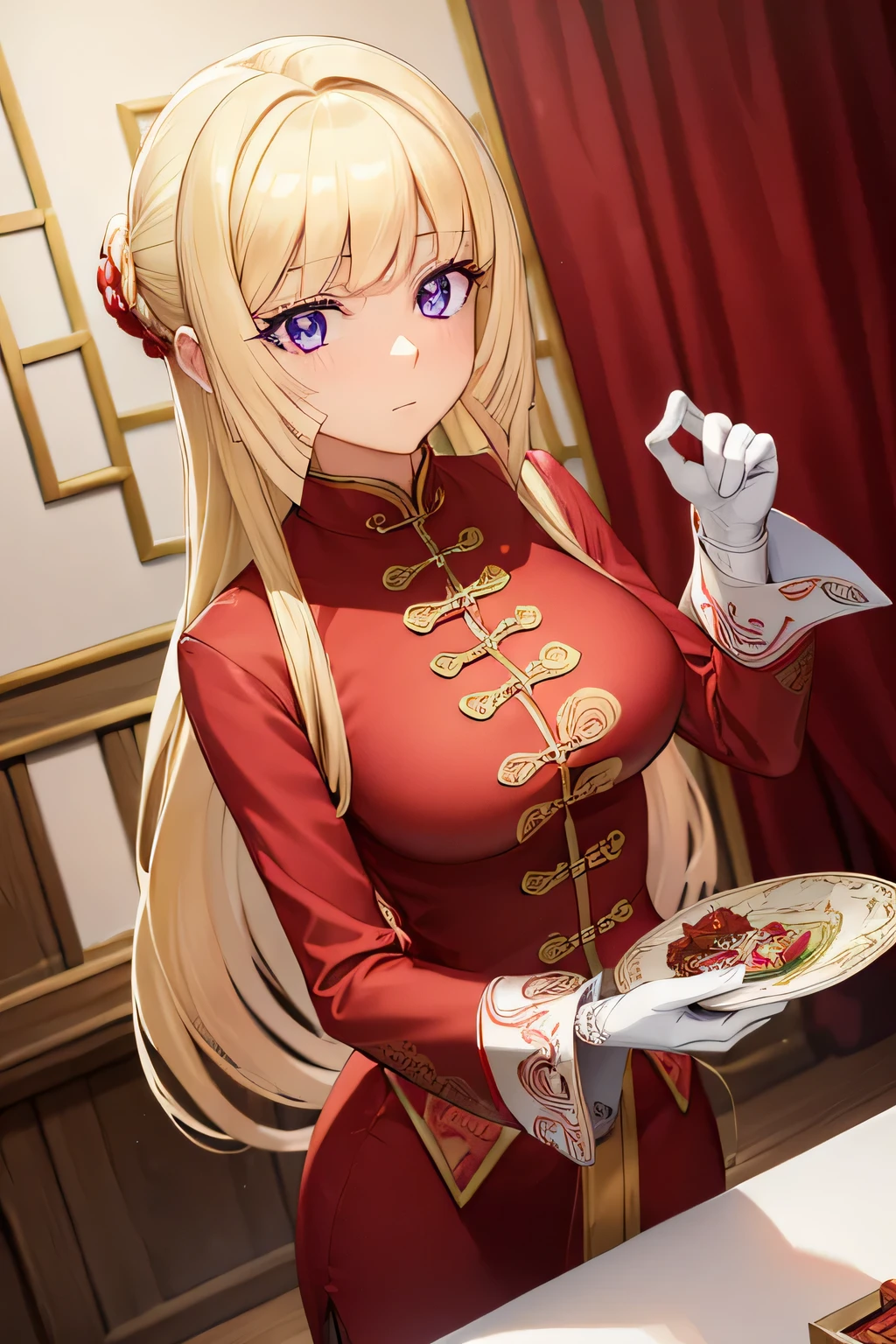 Kudeliaainabernstein, Kudelia Aina Bernstein, (purple eyes:1.1), long hair, blonde hair, smooth, blunt smooth, 
Take a break gloves, set, red set, white gloves, red cloak, ,
Take a break looking at viewer,
Take a break indoors,
Take a break (Masterpiece:1.2), best quality, high resolution, unity wallpaper 8k, (illustration:0.8), (Beautifully detailed eyes:1.6), Very detailed face, perfect light, Very detailed CG, (perfect hand, perfect anatomy), setสีแดง, Red Shirt, red tone, Red theme, Chinese New Year, ธีมChinese New Year, setจีนสีแดง, ภายในงานChinese New Year, Chinese Pattern, chinese lanterns