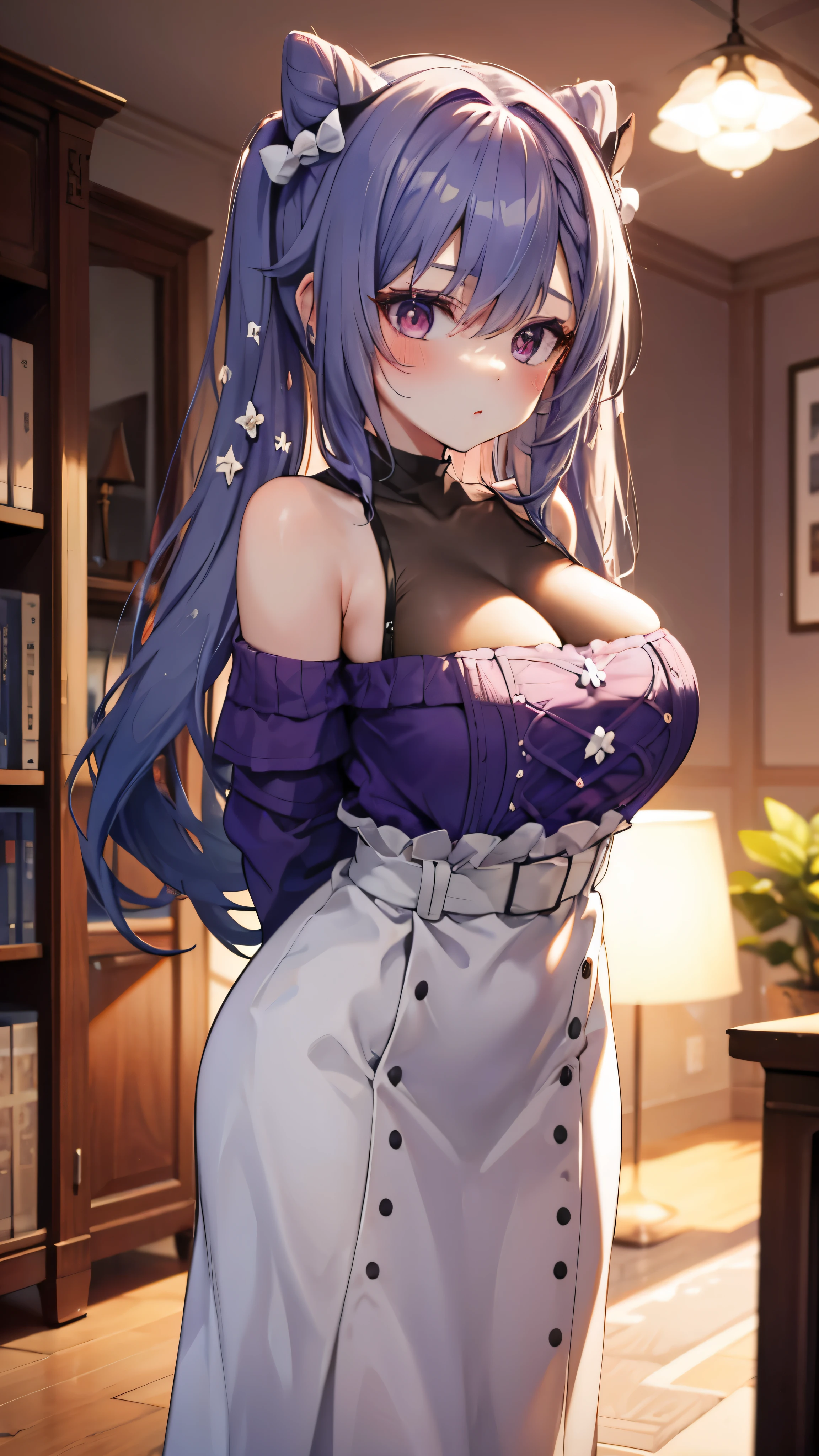 (((8k))), (((Masterpiece))), (((Ultra-detailed))), (((Superlative))), Mature woman, Keqing, ((gigantic breasts)), (((pouting))), (((blushing))), (((living room))), (((arms behind back)))