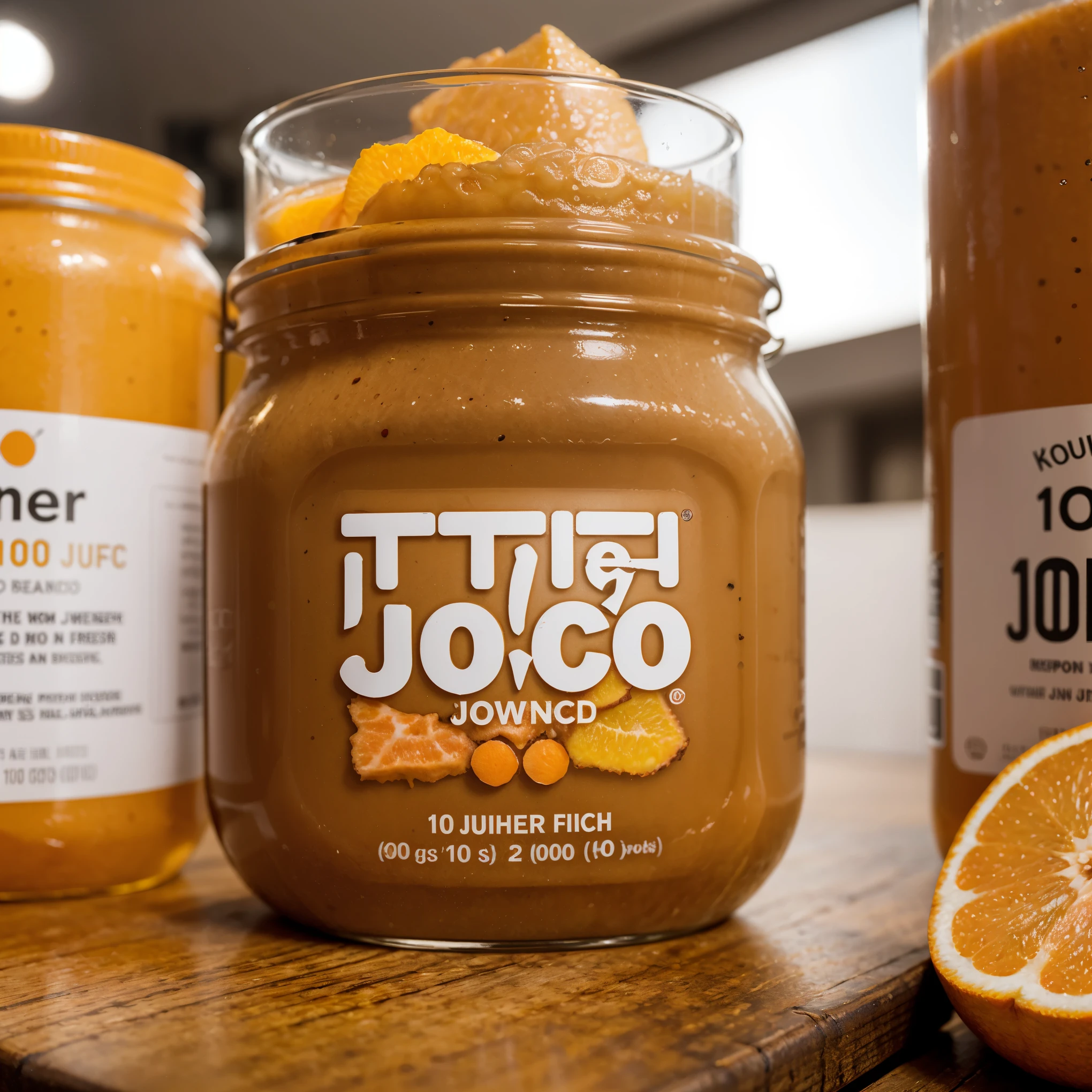 Product Photography, Close-up Fresh orange with text "100% orange juice",