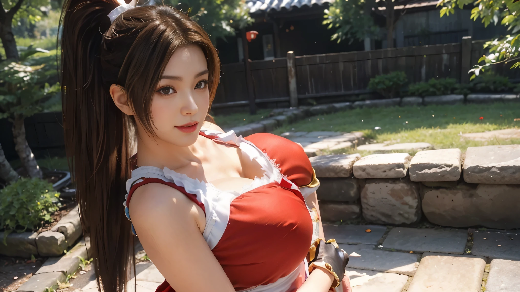 Mai Shiranui, brown eyes, Japanese beauty，Smilelong hair, brown hair, (red clothes:1.3)，super huge breasts， sleeveless, ponytail, pelvic curtain, arm guards, Gloves, or，full的胸部， seductiveexpression, Sexy eyes, huge breasts, Smile, Lovely, view viewer, long hair, (breasts focus:1.2), (actual:1.2), (Panorama: 1.2), (realism), (masterpiece:1.2), (best quality), (Super detailed), (8k, 4K, complex), (85mm), light particles, light, (Very detailed:1.2), (Detailed face:1.2), (Gradient), SFV, rich and colorful, flowers(delicate eyes:1.2), (solid color background: 1.2),(Detailed background), (dynamic angle:1.2), (dynamic poses:1.2), (Line of action:1.2), Wide-angle lens, huge breasts，Big breasts，crowd，full，happy smile，full的，Stylish，cute