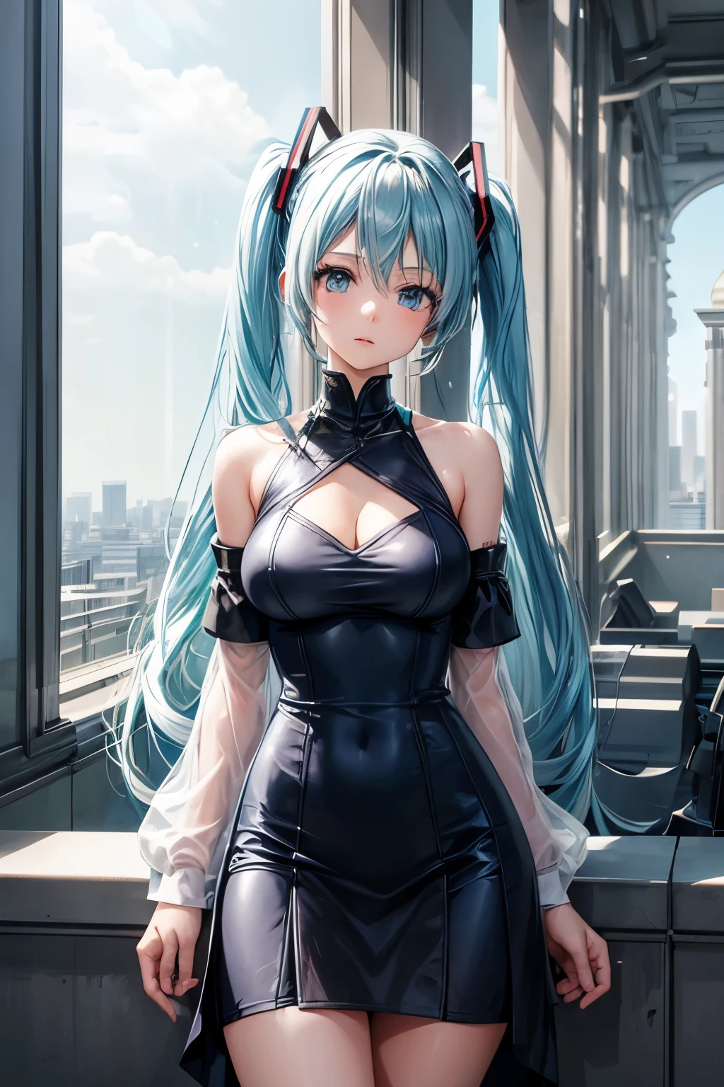 a girl, light blue hair, Hatsune Miku style hair, blue eyes, 20 years old, long navy blue dress, in berlin, modern city, accessories, sculptural body, best quality, masterpiece, busty. 