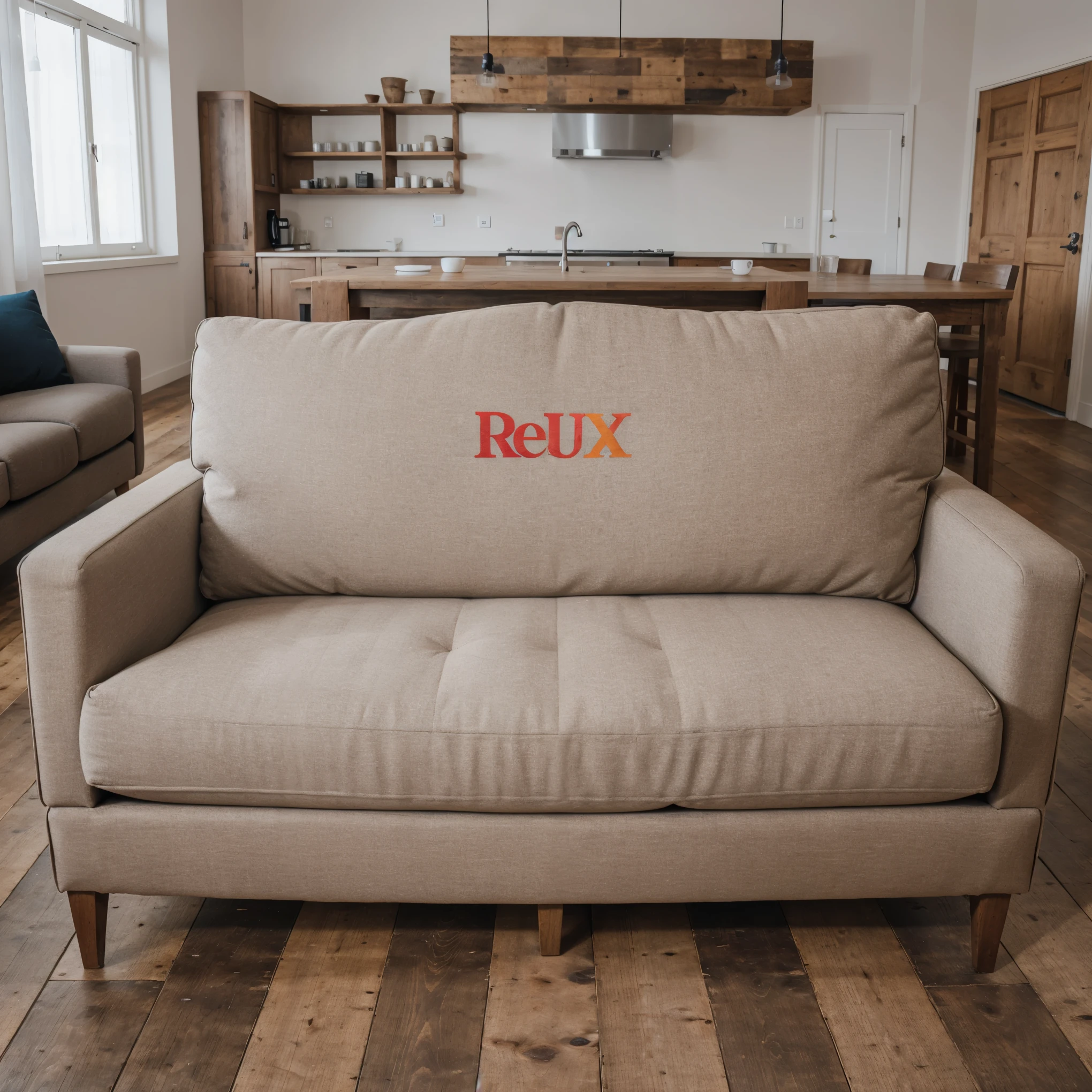 Product Photography, Close-up sofa in living room with text "Relux" Branding on wooden boards,