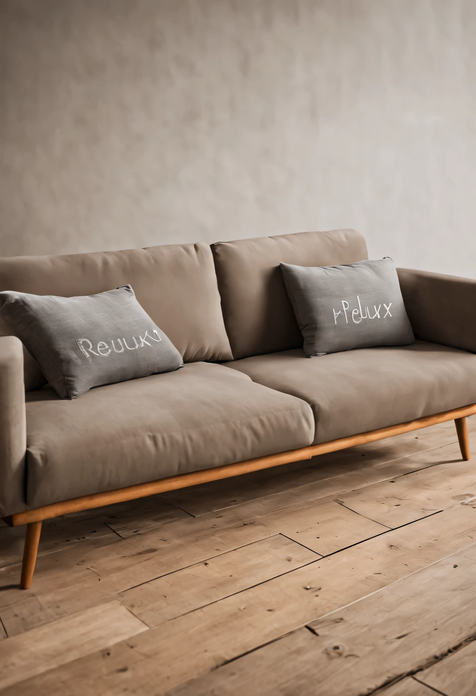 Product Photography, Living room sofa closeup and text "relax" put a branding iron on a wooden board,