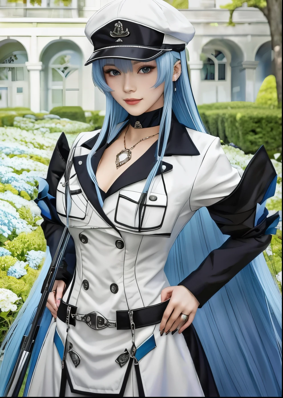 A beautiful anime woman with long blue hair, wearing a white jacket and hat