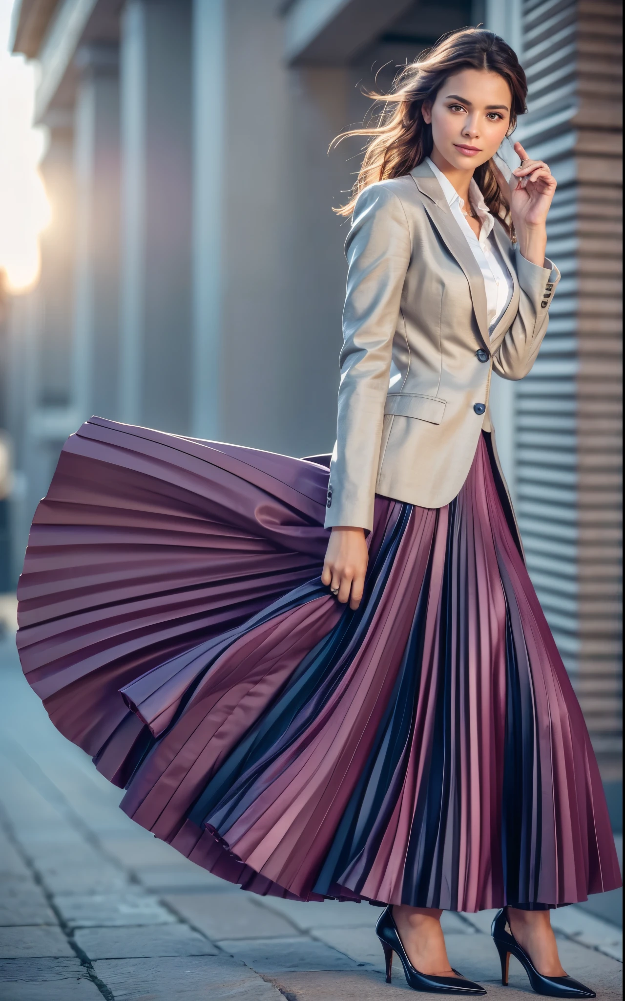 A smiling, authentic, (shy:1,3), kind, beautiful woman, in love with her skirt, while wind lifts her skirt, wearing short blazer and very very detailed (long (fully pleated) full circle skirt) and (simple) low heeled office shoes, very very intricate hyper-detailed symmetric (attractive graceful young feminine face) with (sad, tired eyes and a shy smile), large breasts, full of empathy and compassion and love, (pronounced (feminine) features), (highly detailed ultra accurate realistic) hands and fingers, (windy), epic composition, highly detailed attributes, (35mm f1.4 Kodak portra 400 photograph), extremely high quality RAW photograph, highly detailed atmosphere, sci-fi, cinematic shot, dynamic lighting, 75mm, Technicolor, Panavision, cinemascope, sharp focus, fine details, 8k, HDR, realism, realistic, key visual, film still, superb cinematic color grading, depth of field