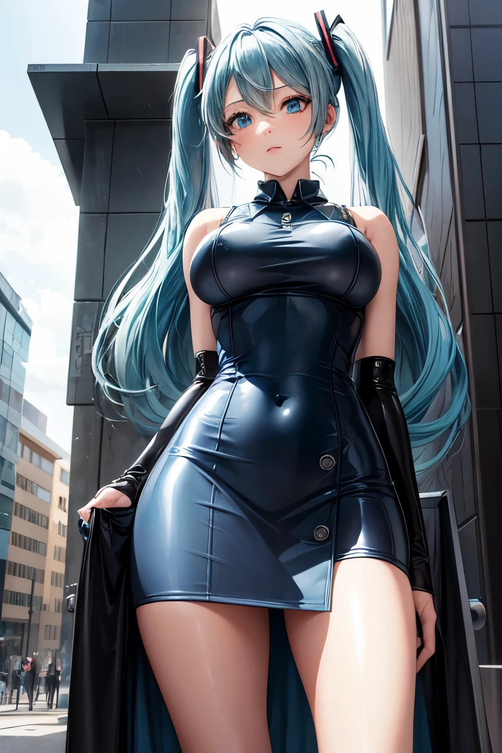 a girl, light blue hair, Hatsune Miku style hair, blue eyes, 20 years old, long navy blue dress, in berlin, modern city, accessories, sculptural body, best quality, masterpiece, busty, shiny dress. 