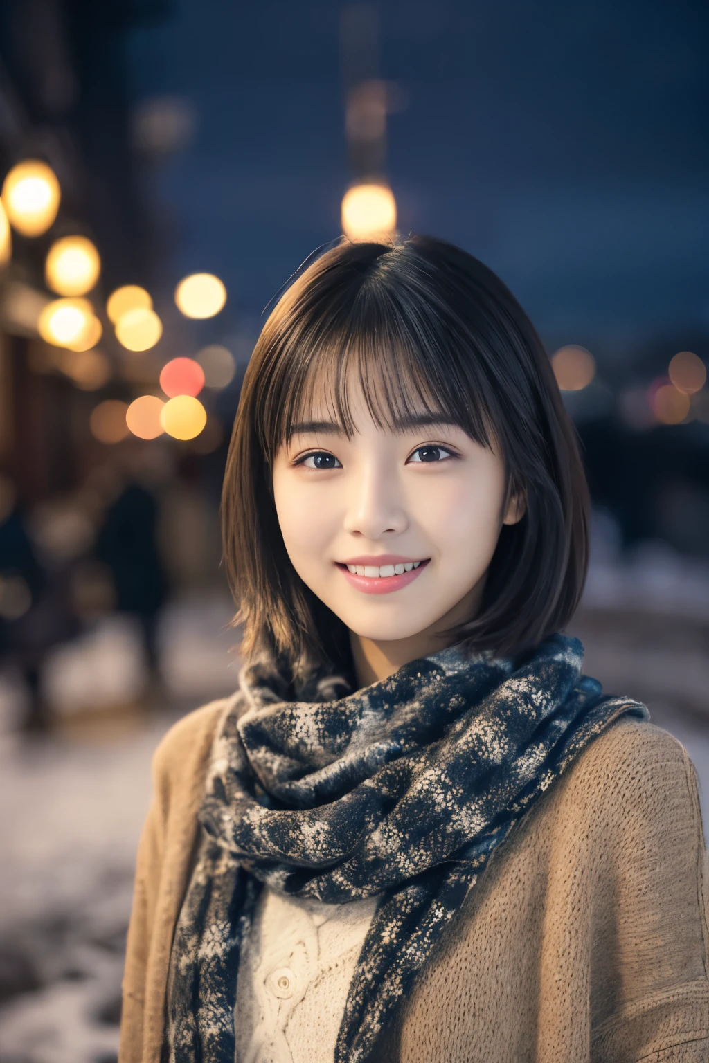 1 girl, (casual winter outfit:1.2), beautiful japanese actress, (15 years old), short hair,
(RAW photo, highest quality), (realistic, Photoreal:1.4), masterpiece, 
very delicate and beautiful, very detailed, 2k wallpaper, wonderful, 
finely, very detailed CG Unity 8K 壁紙, Super detailed, High resolution, 
soft light, beautiful detailed girl, very detailed目と顔, beautifully detailed nose, beautiful and detailed eyes, cinematic lighting, 
break
(Against the backdrop of a snowy night cityscape 1.3), city lights, 
perfect anatomy, slender body, smile, Face the front completely, look at the camera