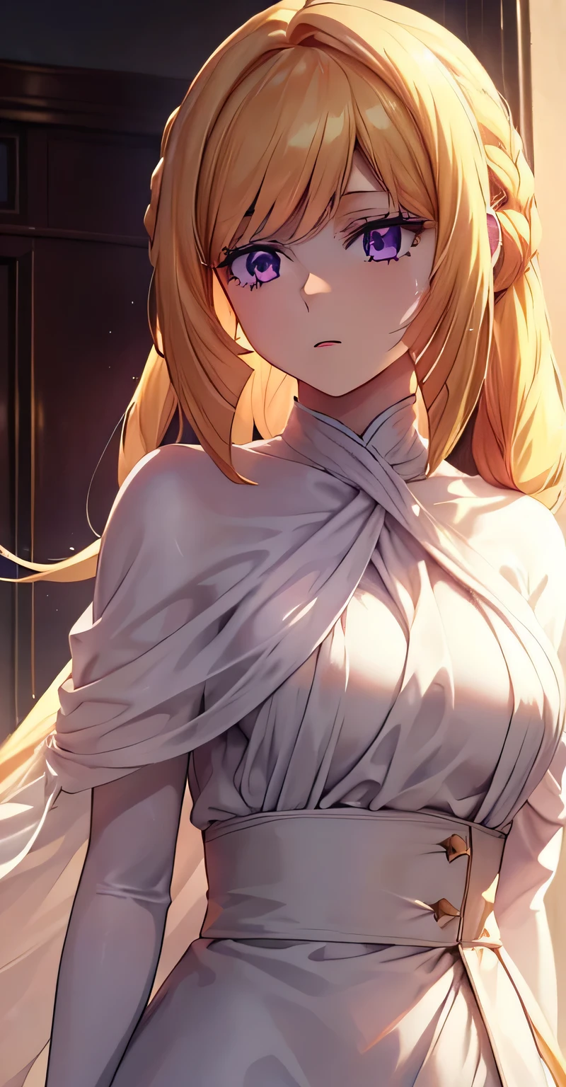 (Extremely delicate, masterpiece, excellent light and shadow, 8K HD wallpaper), looking at the upper body,, pale pink skin, ,1girl, kudelia, kudelia aina bernstain, very long hair, blonde hair, purple eyes, medium breast, red dress, red uniform 