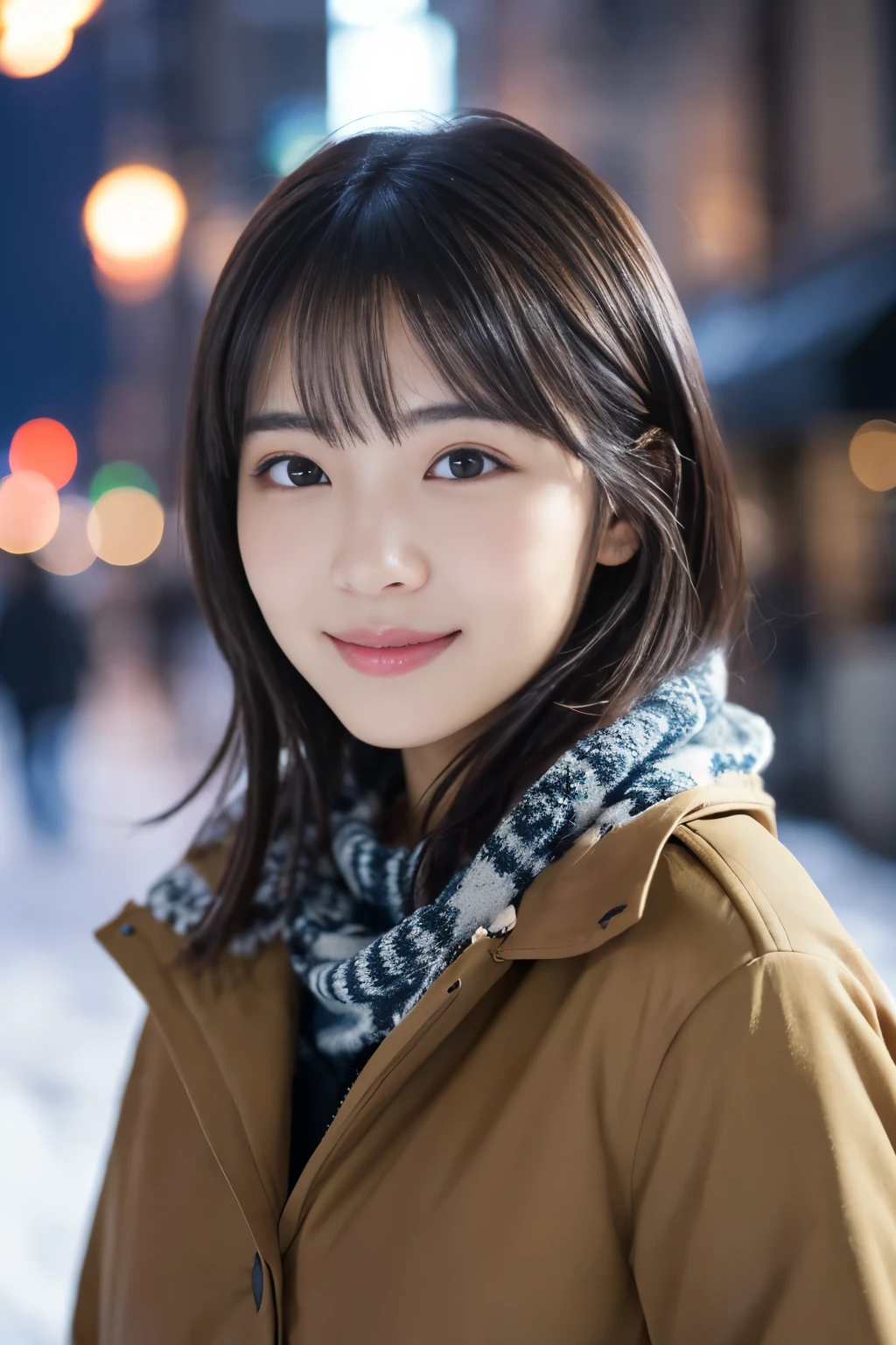 1 girl, (casual winter outfit:1.2), beautiful japanese actress, (), short hair,
(RAW photo, highest quality), (realistic, Photoreal:1.4), masterpiece,
very delicate and beautiful, very detailed, 2k wallpaper, wonderful,
finely, very detailed CG Unity 8K 壁紙, Super detailed, High resolution,
soft light, beautiful detailed girl, very detailed目と顔, beautifully detailed nose, beautiful and detailed eyes, cinematic lighting,
break
(Against the backdrop of a snowy night cityscape 1.3), city lights,
perfect anatomy, slender body, smile, Face the front completely, look at the camera