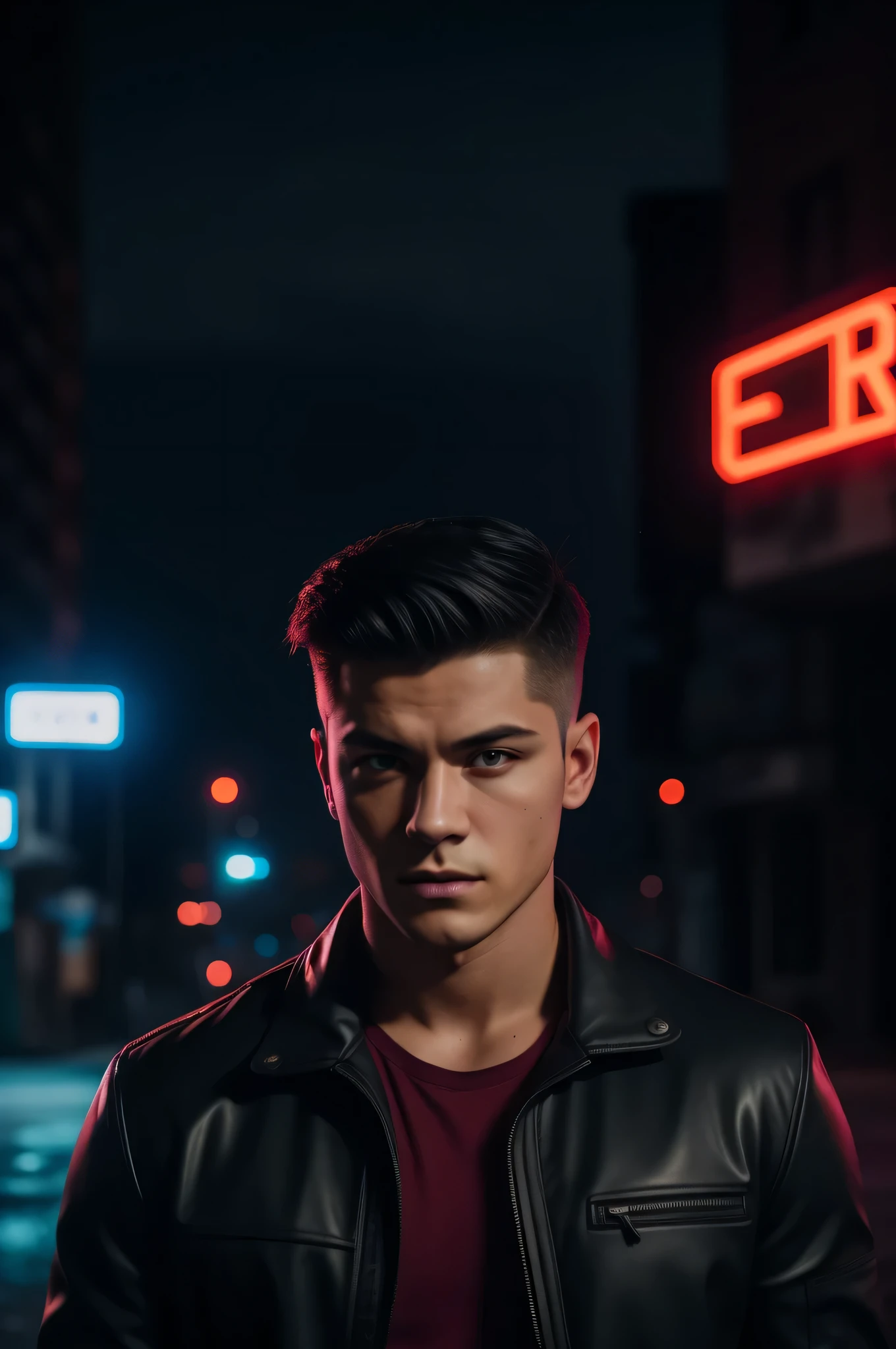arafed man, 25 years with short side cut black hair in standing in the middle of a street, hero pose, standing next a car, nissan 350z mid shot portrait, promo still, promotional still, zac retz, shot on canon eos r5, shot on canon eos r 5, moody cinematic lighting, raphael personnaz, editorial photograph, aleksander rostov, still from riverdale, portrait shot 8 k, cyberpunk noir, ultra realistic, neon, photo shooting model, raw photo, dsrl, neon signs, purple, blue, red