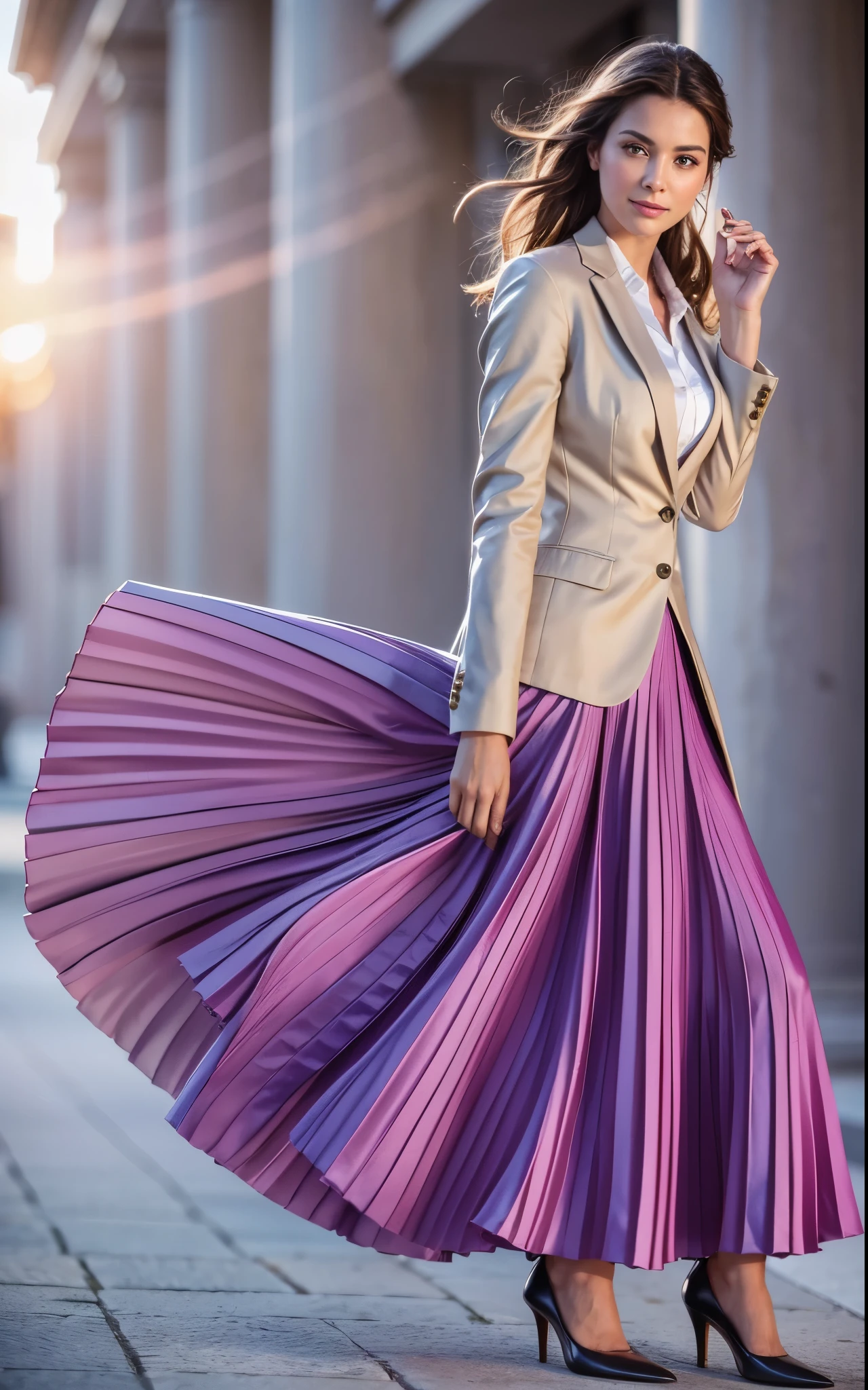 A smiling, authentic, (shy:1,3), kind, beautiful woman, in love with her skirt, while wind lifts her skirt, wearing short blazer and very very detailed (long (fully pleated) full circle skirt) and (simple) low heeled office shoes, very very intricate hyper-detailed symmetric (attractive graceful young feminine face) with (sad, tired eyes and a shy smile), large breasts, full of empathy and compassion and love, (pronounced (feminine) features), (highly detailed ultra accurate realistic) hands and fingers, (windy), epic composition, highly detailed attributes, (35mm f1.4 Kodak portra 400 photograph), extremely high quality RAW photograph, highly detailed atmosphere, sci-fi, cinematic shot, dynamic lighting, 75mm, Technicolor, Panavision, cinemascope, sharp focus, fine details, 8k, HDR, realism, realistic, key visual, film still, superb cinematic color grading, depth of field