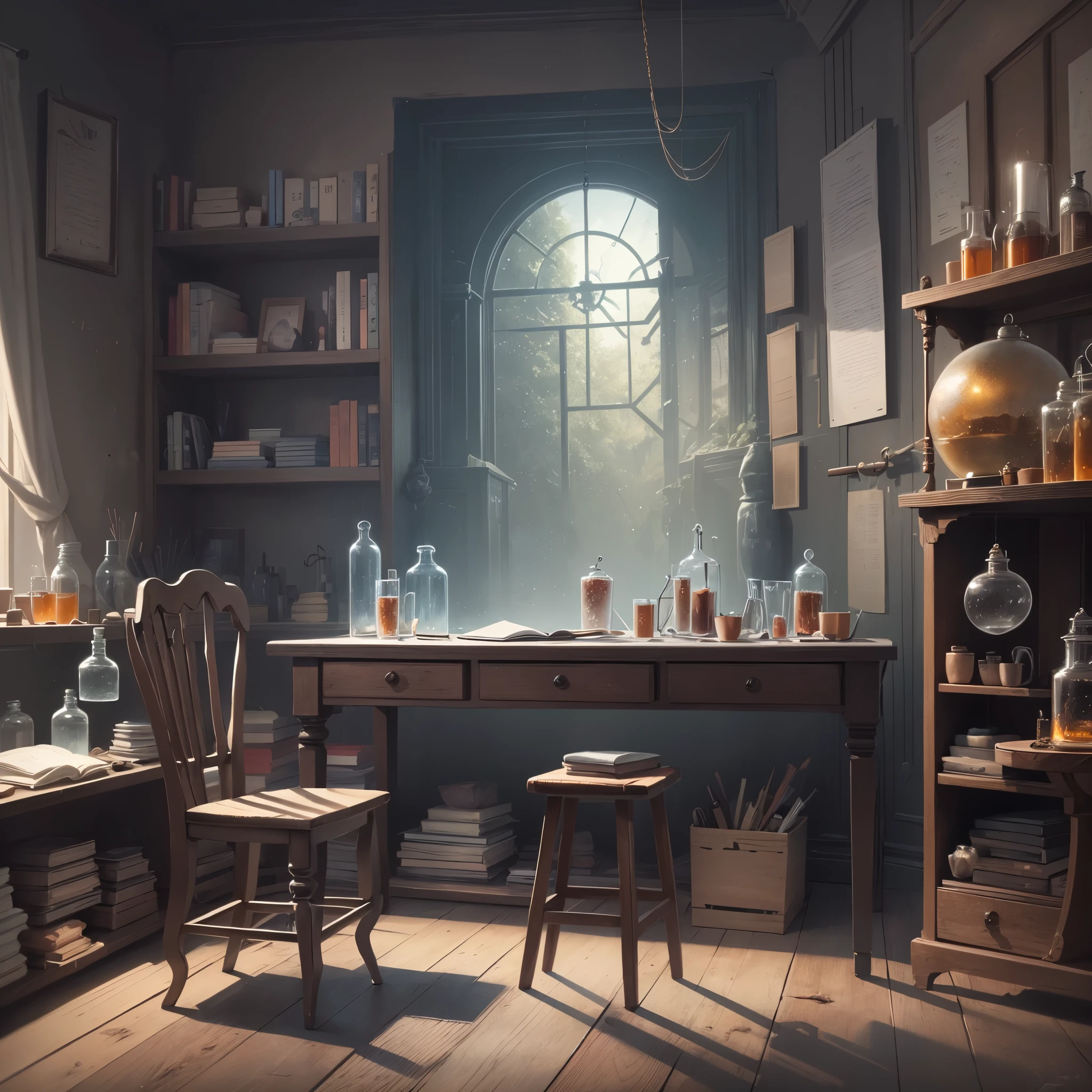 room with desk and chair, fantasy alchemist laboratory, magic laboratory setting, mysterious laboratory, steampunk laboratory, magic lab background, wizards laboratory, surreal sci fi set design, science fantasy painting, 8k high detail concept art, alchemy laboratory, highly detailed matte painting, realistic fantasy render, surrealism 8k,