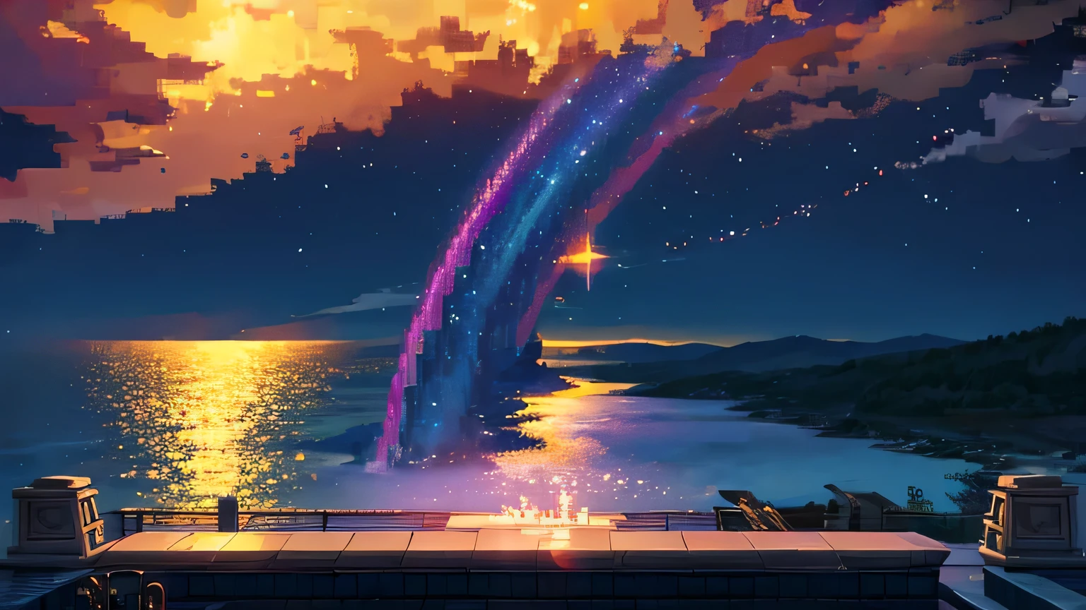 a beautiful starry sky in pixel art