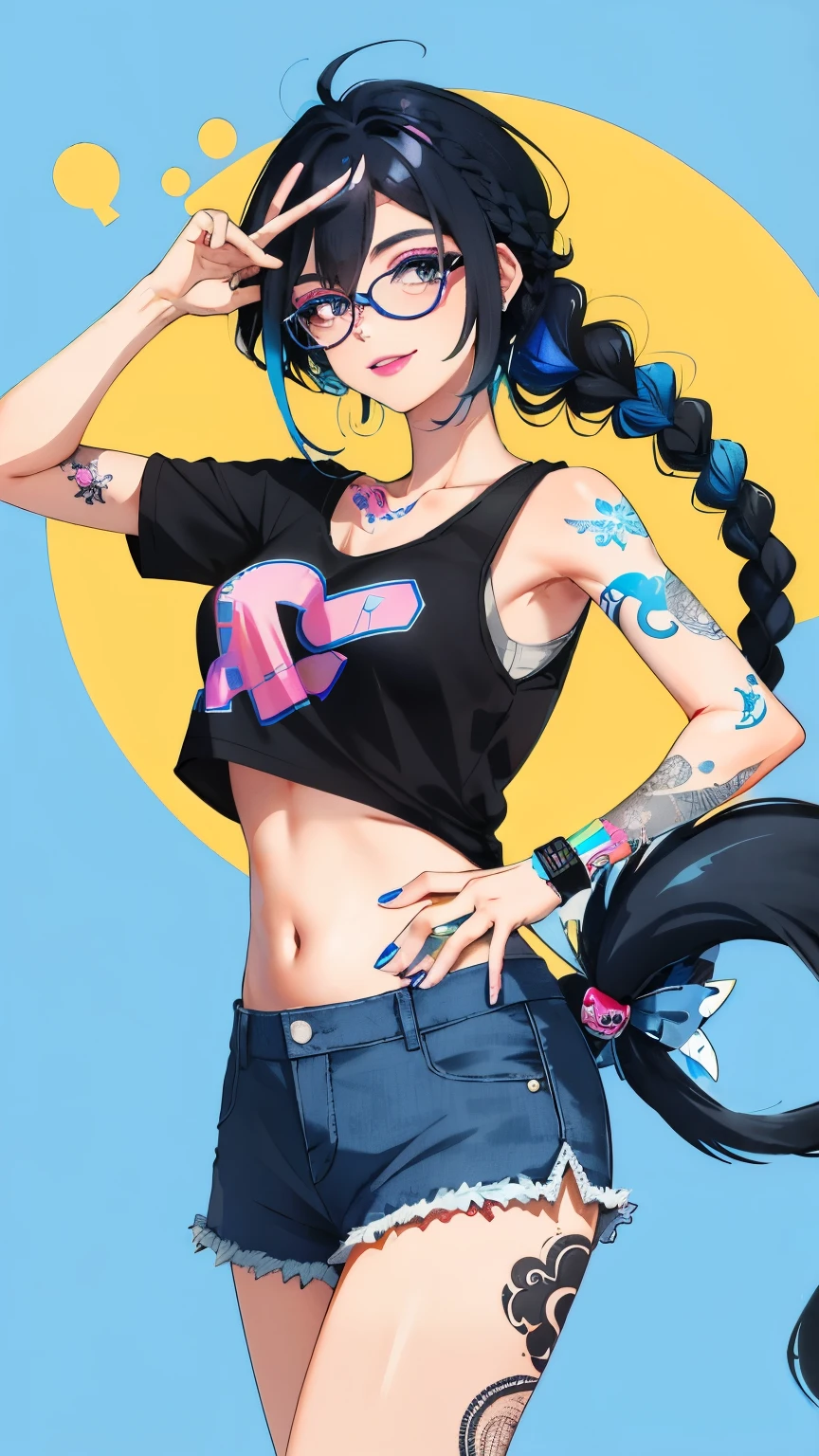 Woman (30 years: 1.0) with a tattoo on his arm and in a black top, Black hair with blue streaks, braided into a tail. blue streaks on bangs, Modern style, Fan art of a city girl, blows pink bubblegum, Yellow, (round glasses with colored lenses: 1.0), Bright lipstick, Snide look, joyful smile