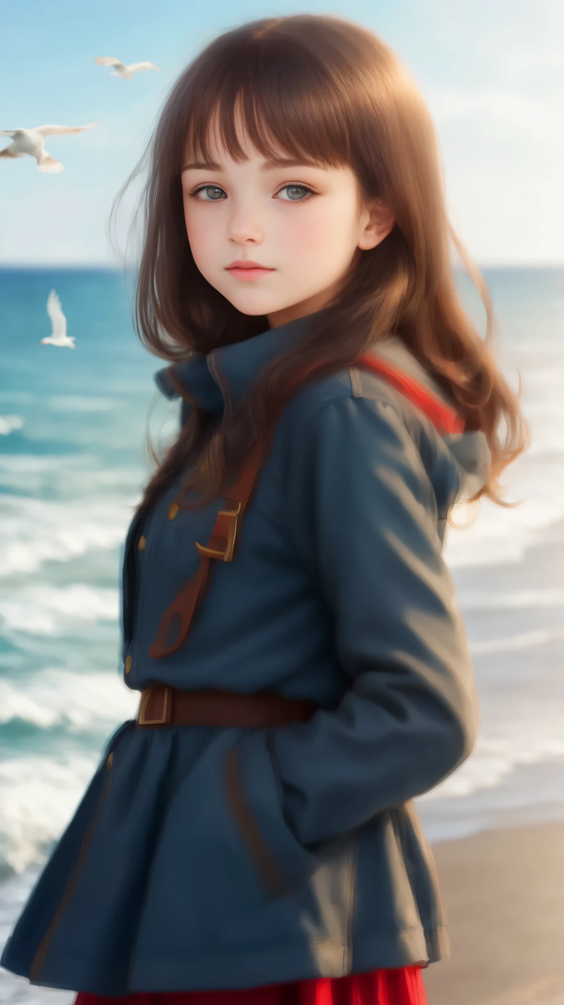 High resolution, brunette girl, , .beautiful портрет в стиле фэнтези , portrait, sea on background, seagulls, realism, fantasy