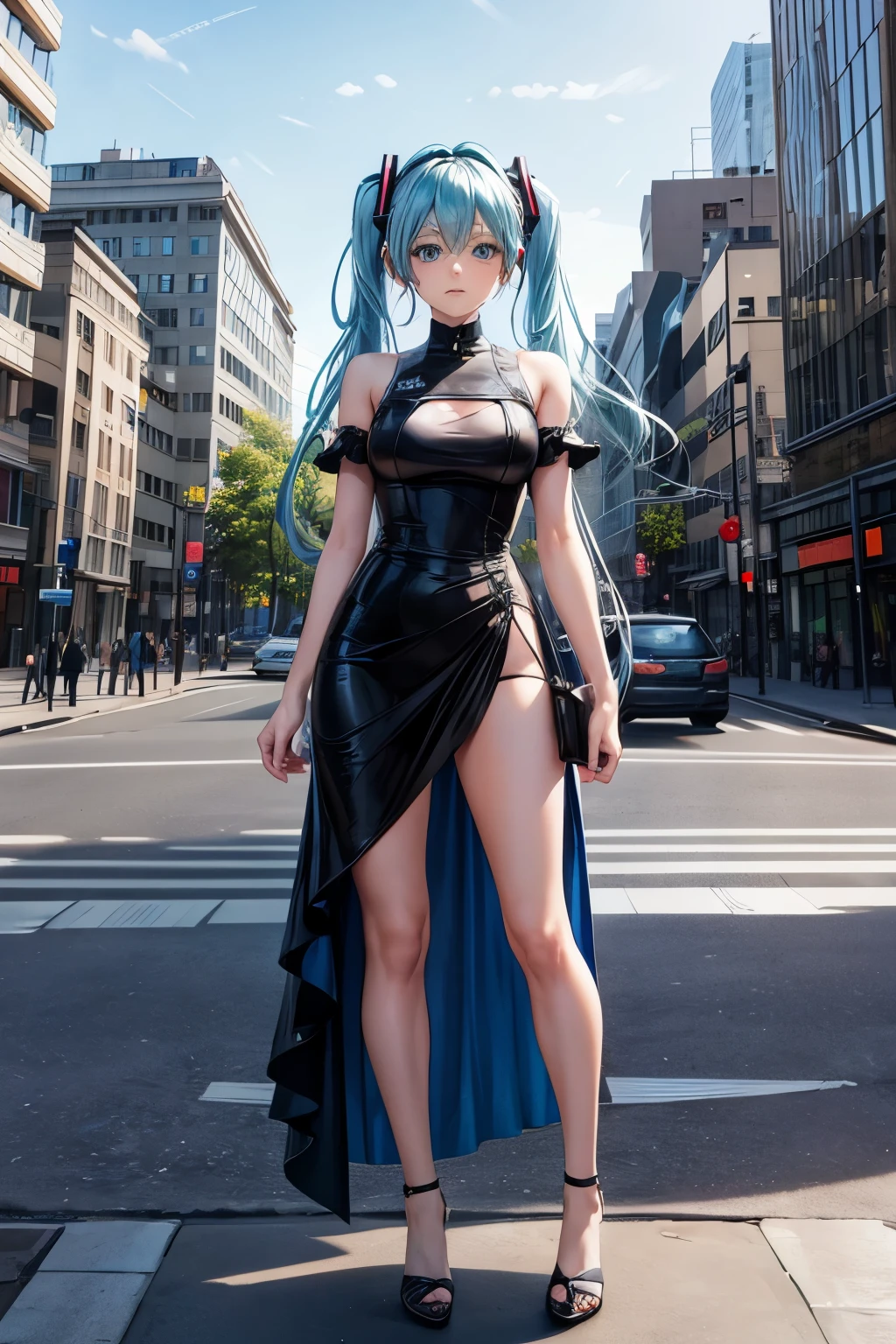 a girl, light blue hair, Hatsune Miku style hair, blue eyes, 20 years old, long navy blue dress, in berlin, modern city, accessories, sculptural body, best quality, masterpiece, busty, shiny dress. 