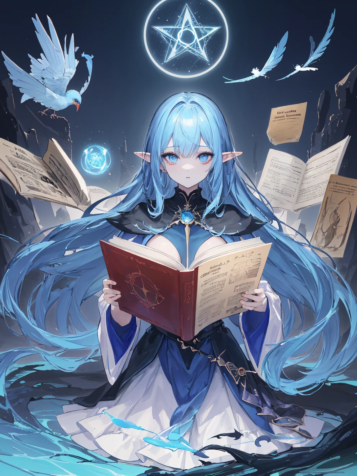 death,blood,night, dark, (Fantasy),Infinite,deep blue sky,The abyss of knowledge,knowledge,((masterpiece)), (((best quality))),((beautiful detailed eyes)),(eyelash),Monster,(1 girl),blue hair,long hair,abyss eyes,Shiny skin,oil,big breasts,(bird body,feather),Wearing Rags of cloth, Tzeentch,elf,extremely detailed CG unity 8k wallpaper,masterpiece, ((ultra-detailed)), ((illustration)),colorful,wallpaper,energy,Unknown terror,arcane,Around the magic,magic surrounds,magic rod,book,pages flying all over the sky,Know it all,Predicting the Future,Know the past,Infinite wisdom,blue flame,Warlock,Magical Circle,Pentagram,incantation,mantra,Singing magic,
