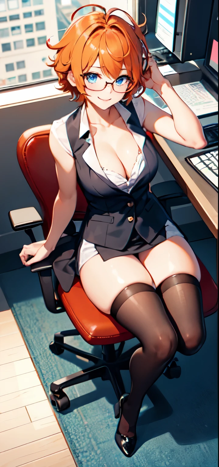 1girl, orange hair, messy hair, very messy hair, short hair, beautiful blue eyes, nerdy glasses, seductive smile, medium breasts, black thigh highs, secretary uniform, sleeveless, cleavage, office room, sitting on chair, lady sitting position, full body, sexy, thighs emphasis, POV, wide angle, from front, from above, high angle