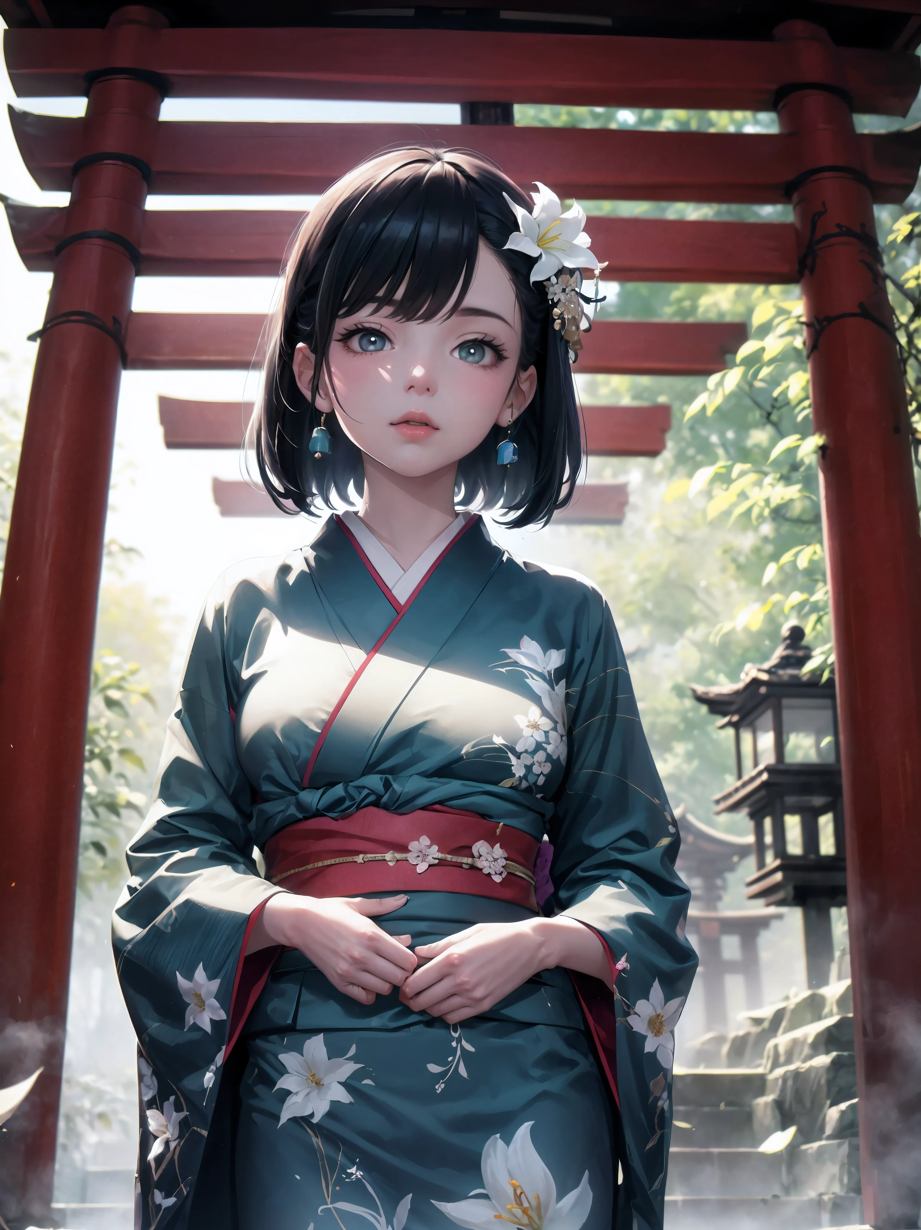 (A 7 year old girl:1.2), Very young girl, Change, (alone), (small breasts), (wide angle), (white lily flower), aesthetic, complex, won, cybernetic enhancement, chiaroscuro, best quality, Detailed background, (misty atmosphere:1.2), (cloudy day),((Girl in 棉质kimono:1.2)), 棉质kimono, 棉质kimono, The best wrinkles, best shade, (walk through (foggy dark zen garden)), (real location), Exquisite and beautiful eyes, casual gesture, Detailed texture, pose, (Anatomically correct body, Detailed face, (非常Detailed texturekimono) with floral pattern), (black hair), thick hair, hair accessories, Common, kimono, Heart, outdoor, pagoda, petal, 青色kimono, sash, shrine, skyporn, stone staircase, torii, wide sleeves, yukata,(cloudy, misty)