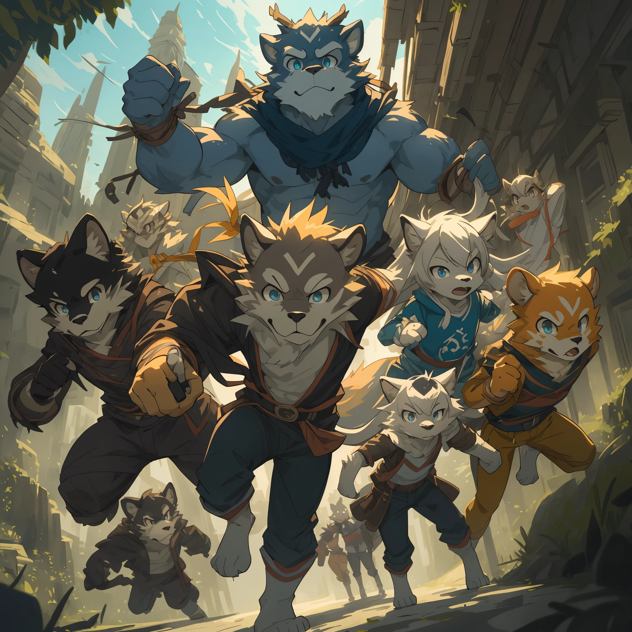 dynamic angle, top quality, best quality, High-quality illustrations, masterpiece, super high resolution, detailed background, detailed background, Monkey A Journey to the West, action, group shot:0.1, 6+boys, 6+girls, absurdres(highly detailed beautiful face and eyes)perfect anatomy, expression, good lighting, cinematic shadow(kemono, furry anthro),