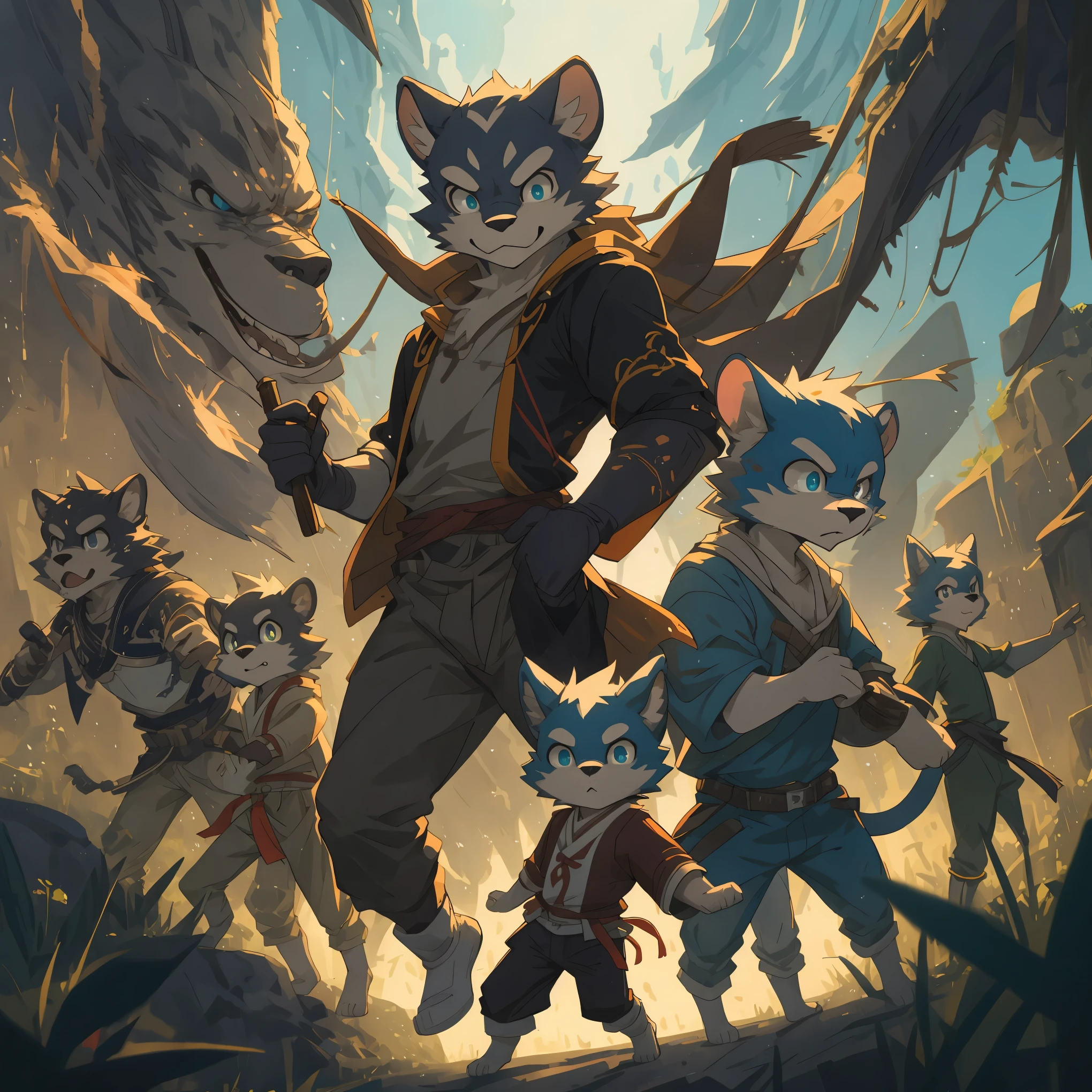 dynamic angle, top quality, best quality, High-quality illustrations, masterpiece, super high resolution, detailed background, detailed background, Monkey A Journey to the West, action, group shot:0.1, 6+boys, 6+girls, absurdres(highly detailed beautiful face and eyes)perfect anatomy, expression, good lighting, cinematic shadow(kemono, furry anthro),