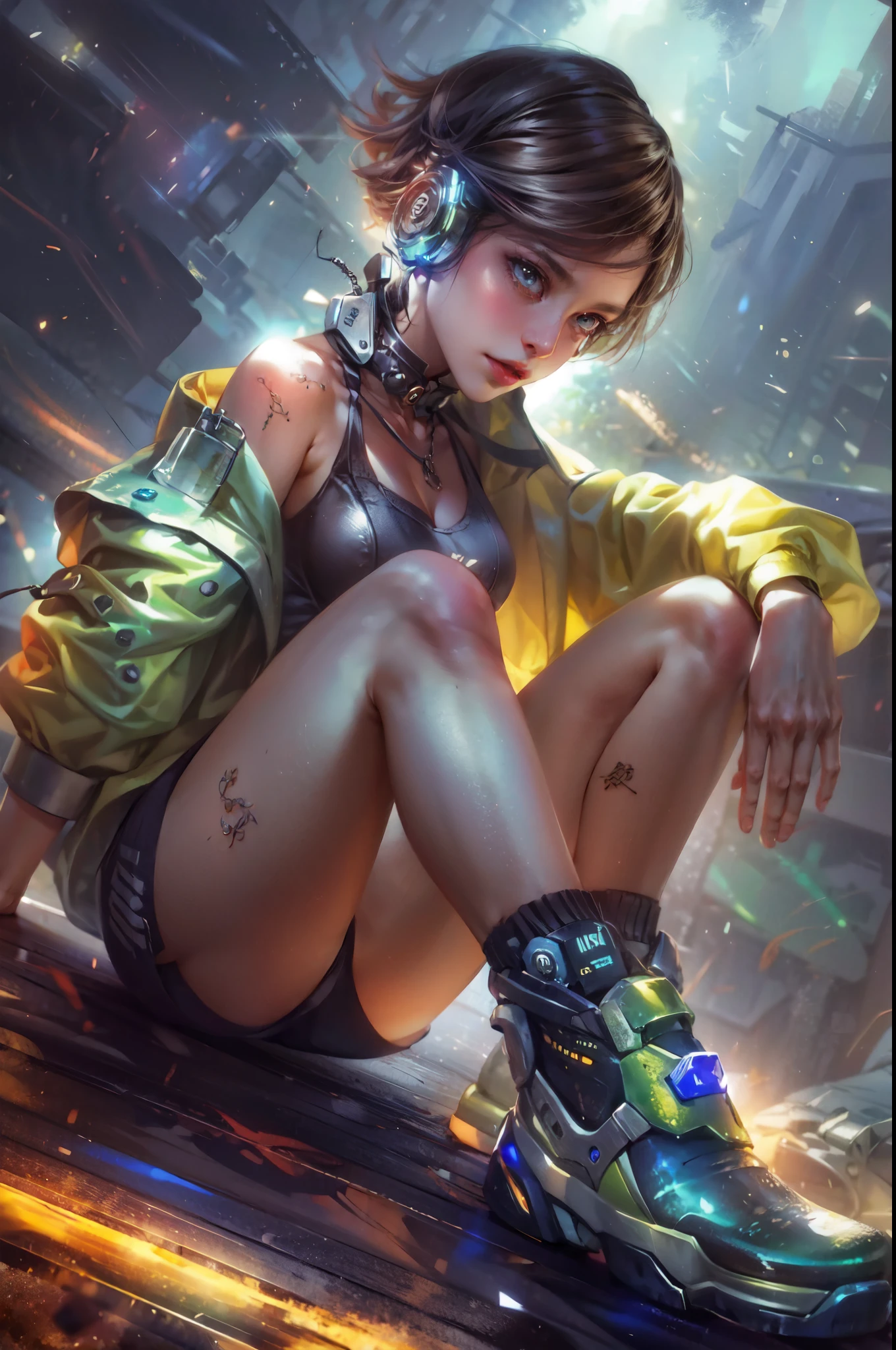 masterpiece, best quality, highres, akali, 1girl, k/da \(league of legends\), solo,  (black hair:1.1), blonde hair, (multicolored hair:1.1), jewelry, fingerless gloves, cropped jacket, midriff, earrings, two-tone hair, open jacket, black gloves, black pants, crop top,no shoes, blue eyes, belt buckle, ponytail, cowboy shot, evil smile,sits,legs up,feet wet