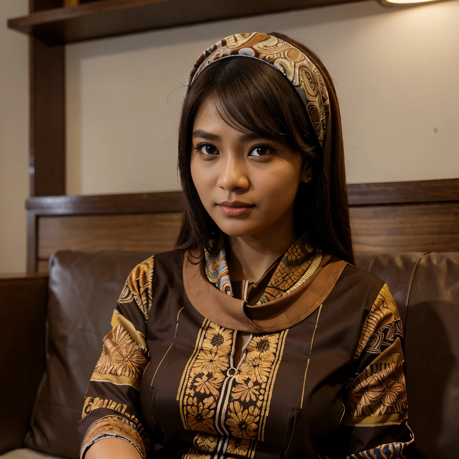 digital portrait indonesia foto keluarga berjumlah 4 orang.
satu laki laki berumur 30 tahun memakai peci dan batik mocca sedang duduk di sofa putih di sebelahnya wanita cantik umur 30 tahun berhijab memakai batik mocca.
dibelakangnya seorang anak laki laki berumur 10 tahun memakai batik mocca dan anak perempuan berhijab berumur 11 tahun memakai batik mocca sedang berada diruangan keluarga dengan vas bunga.
sangat realistis detail,8K UHD photograph dengan lensa sony A6