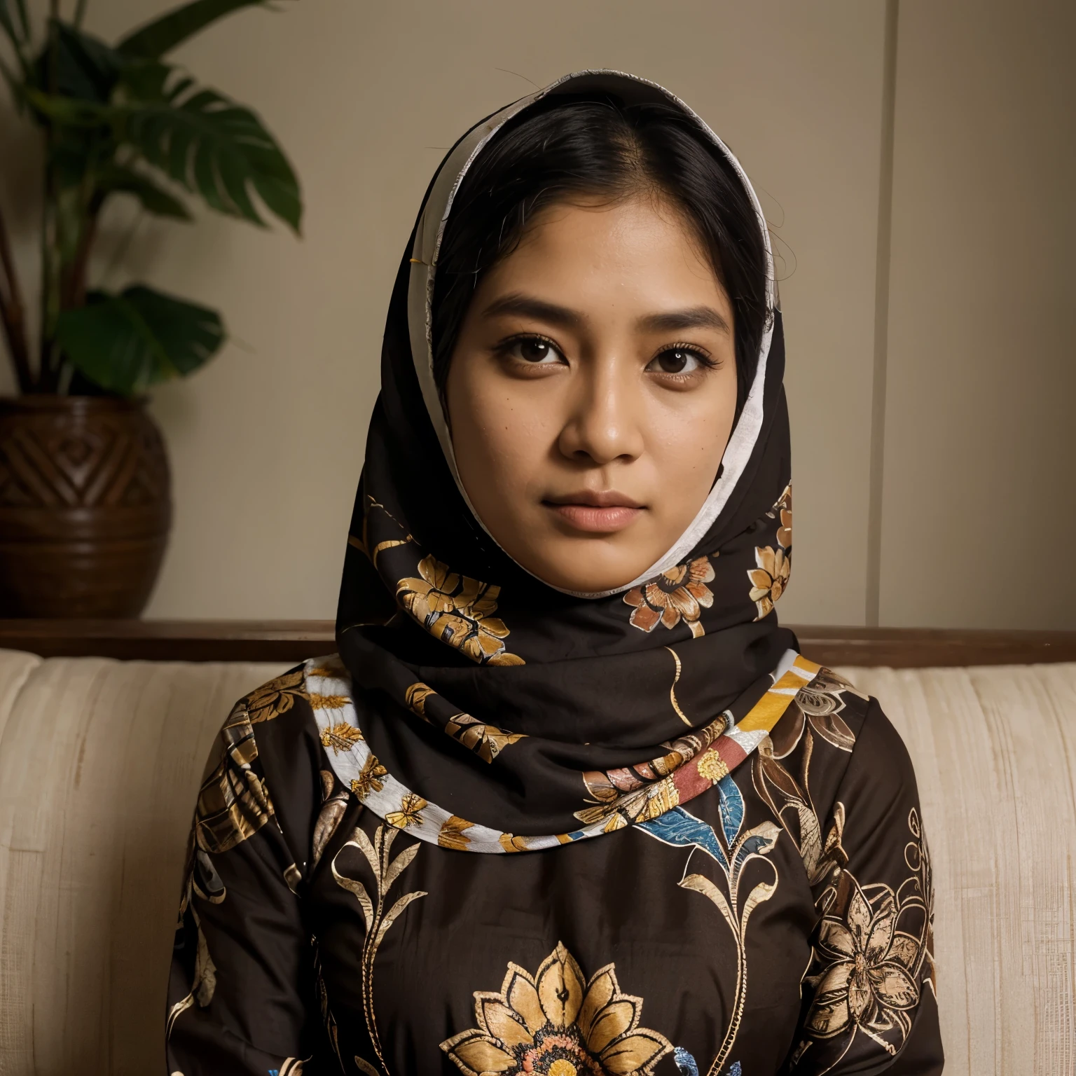 digital portrait indonesia foto keluarga berjumlah 4 orang.
satu laki laki berumur 30 tahun memakai peci dan batik mocca sedang duduk di sofa putih di sebelahnya wanita cantik umur 30 tahun berhijab memakai batik mocca.
dibelakangnya seorang anak laki laki berumur 10 tahun memakai batik mocca dan anak perempuan berhijab berumur 11 tahun memakai batik mocca sedang berada diruangan keluarga dengan vas bunga.
sangat realistis detail,8K UHD photograph dengan lensa sony A6