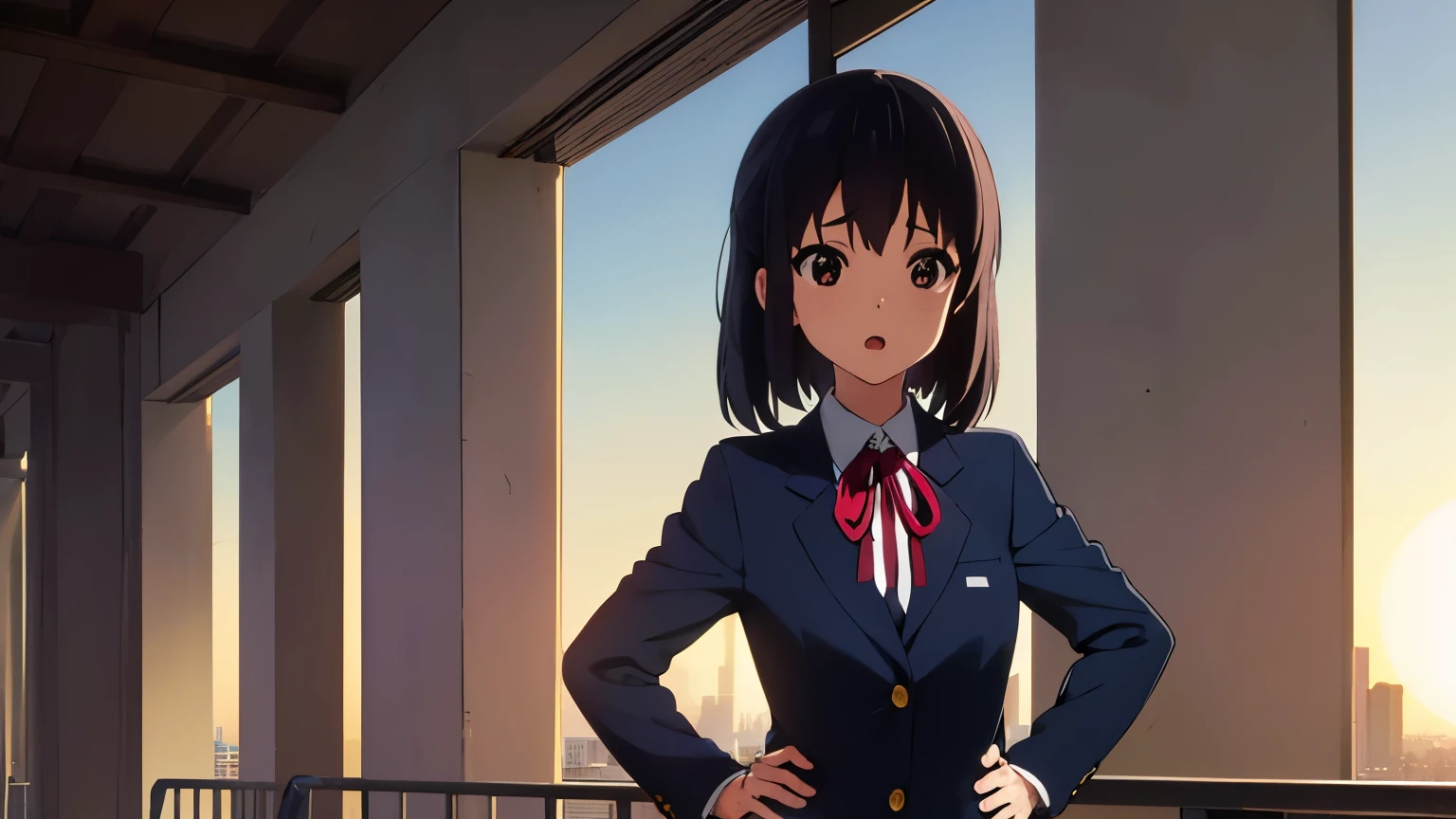 1girl, (((​masterpiece))), top-quality, top-quality, High Details, nakano azusa, 1girl, Sakuragaoka High School Uniform, student clothes, Twin-tailed, length hair, A dark-haired, brown-eyed, 独奏, reddish, Dark blue blazer with thin red ribbon, Solid white buttoned shirt under blazer, illustratio, comic strip, soothing tones, Subdued Color, Soft cinematic light, adobe lightroom, photolab, HDR, intricately and hyper-detailed、(((depth of fields))))。(((​masterpiece)))。(((top-quality))).)((ultra-detailliert)))。(((illustratio)))。(((takeout))).dynamic focus.big breasts.(((Skyscrapers))).(((A city scape))).(((Face of sadness))). open mouth.(((put hands on the hip))).(((up chest))).((evening glow)).((the setting sun)).