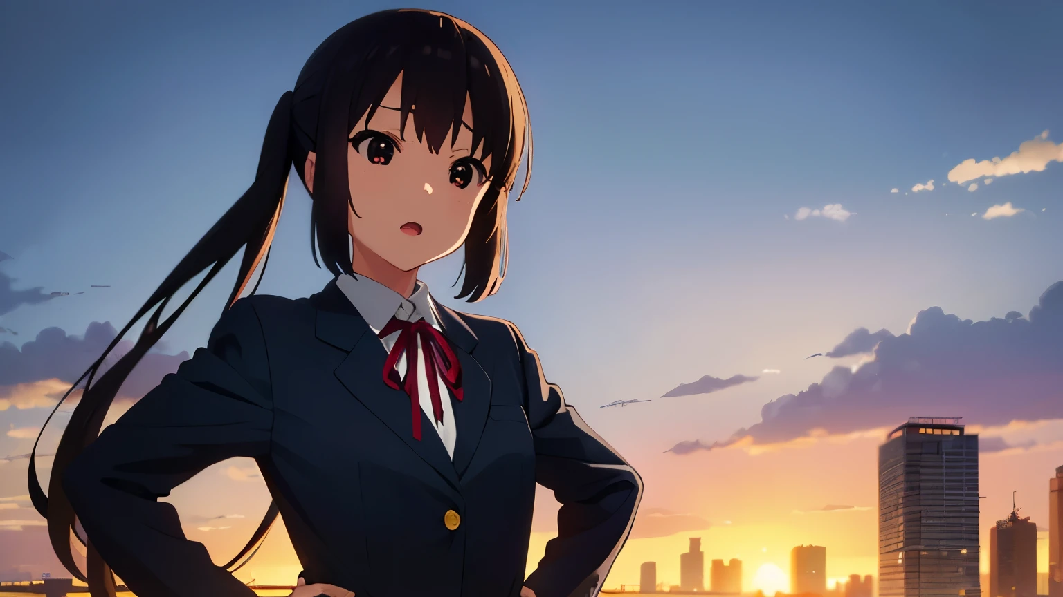 1girl, (((masterpiece))), top-quality, top-quality, High Details, nakano azusa, 1girl, Sakuragaoka High School Uniform, student clothes, Twin-tailed, length hair, A dark-haired, brown-eyed, 独奏, reddish, Dark blue blazer with thin red ribbon, Solid white buttoned shirt under blazer, illustratio, comic strip, soothing tones, Subdued Color, Soft cinematic light, adobe lightroom, photolab, HDR, intricately and hyper-detailed、(((depth of fields))))。(((masterpiece)))。(((top-quality))).)((ultra-detailliert)))。(((illustratio)))。(((takeout))).dynamic focus.big breasts.(((Skyscrapers))).(((A city scape))).(((Face of sadness))). open mouth.(((put hands on the hip))).(((up chest))).((evening glow)).((the setting sun)).
