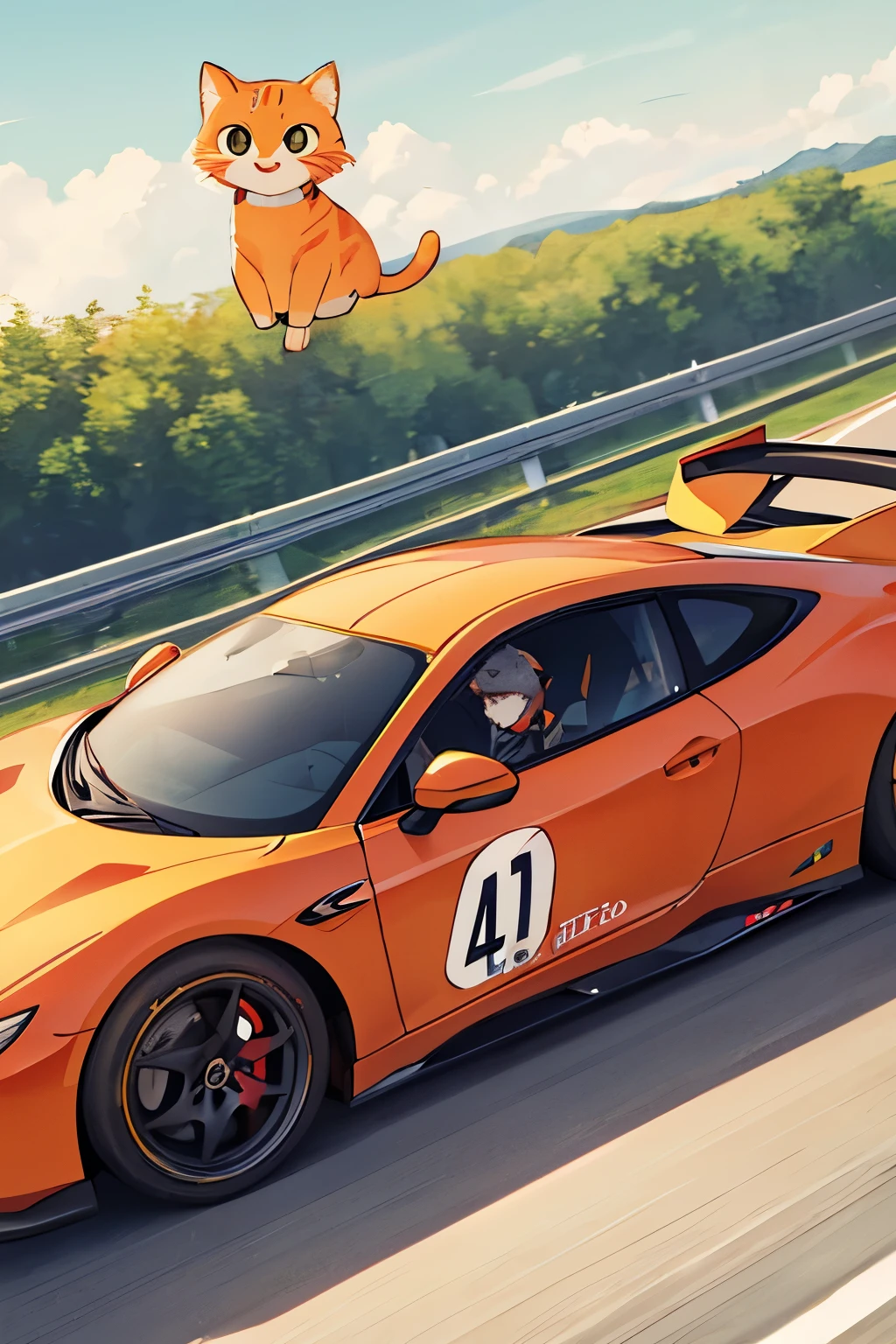 The little orange cat who drives a racing car is very cute. He wears a helmet and puts it at an angle of 45 degrees for healing.